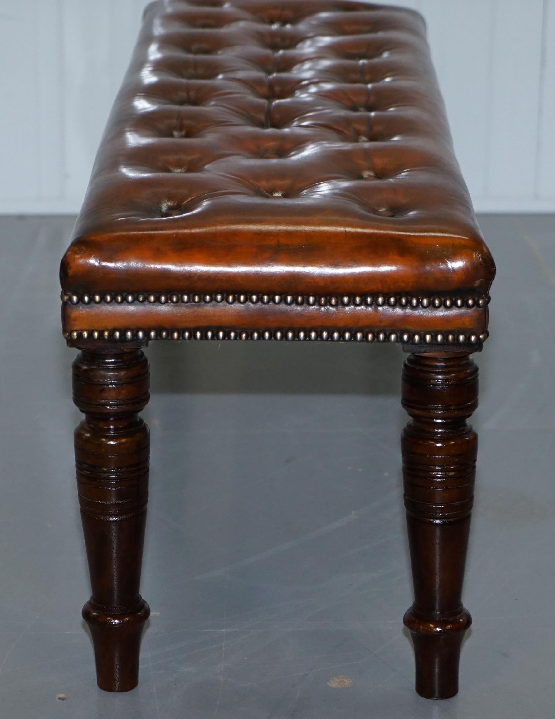 Restored Victorian Chesterfield Whiskey Brown Leather Bench Window Seat Stool 10