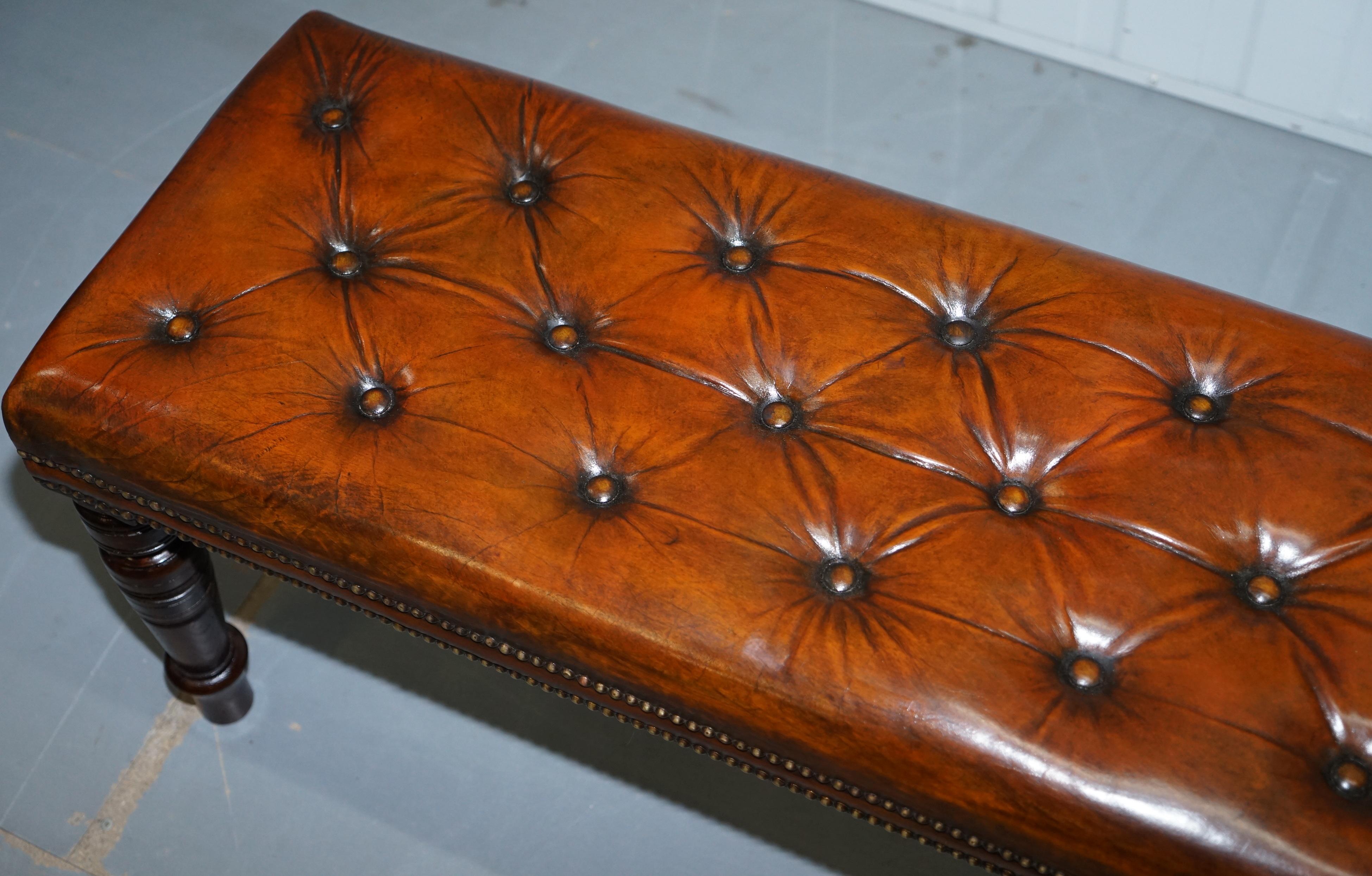 English Restored Victorian Chesterfield Whiskey Brown Leather Bench Window Seat Stool