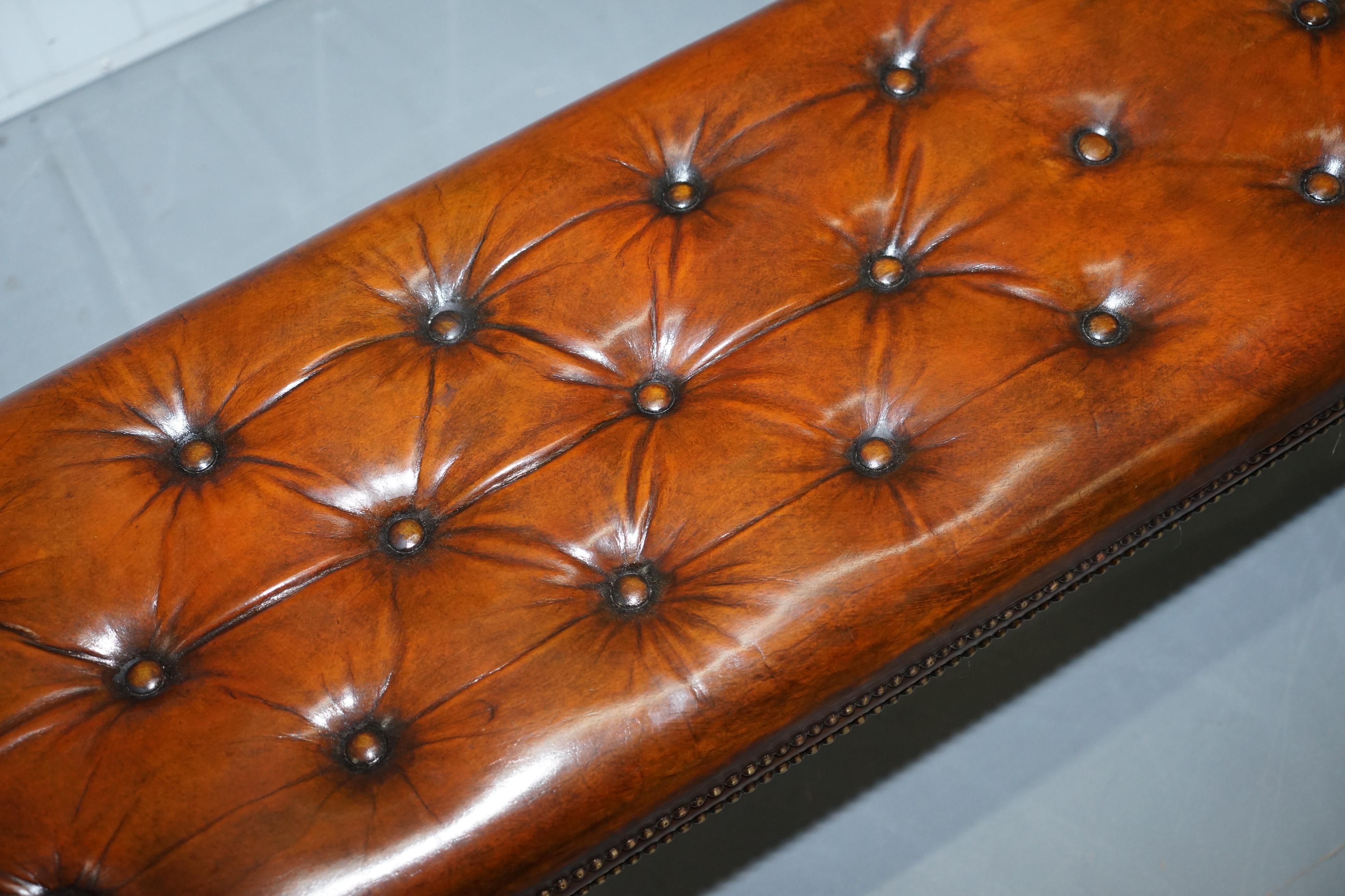 Hand-Crafted Restored Victorian Chesterfield Whiskey Brown Leather Bench Window Seat Stool