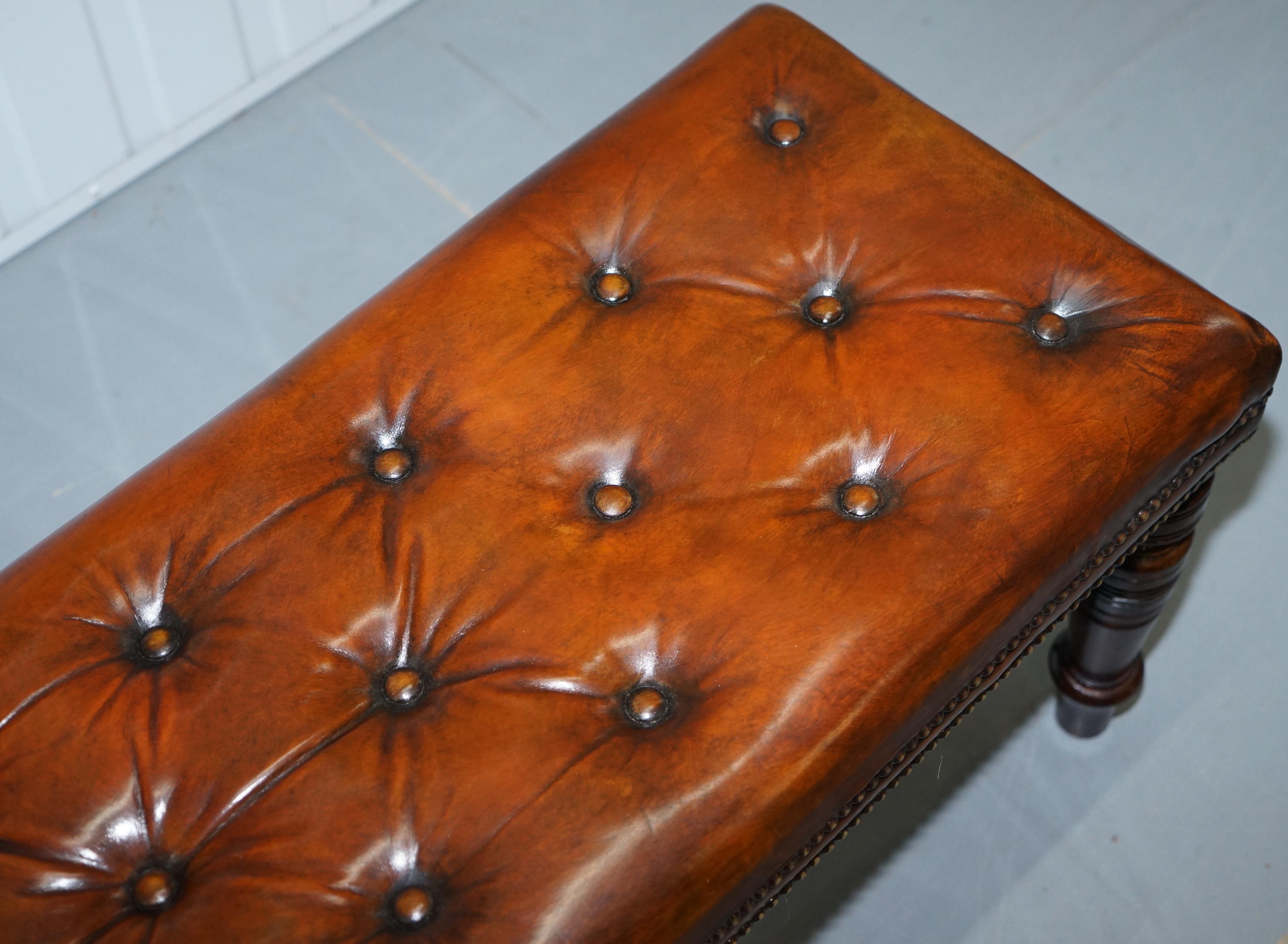 Restored Victorian Chesterfield Whiskey Brown Leather Bench Window Seat Stool In Excellent Condition In West Sussex, Pulborough