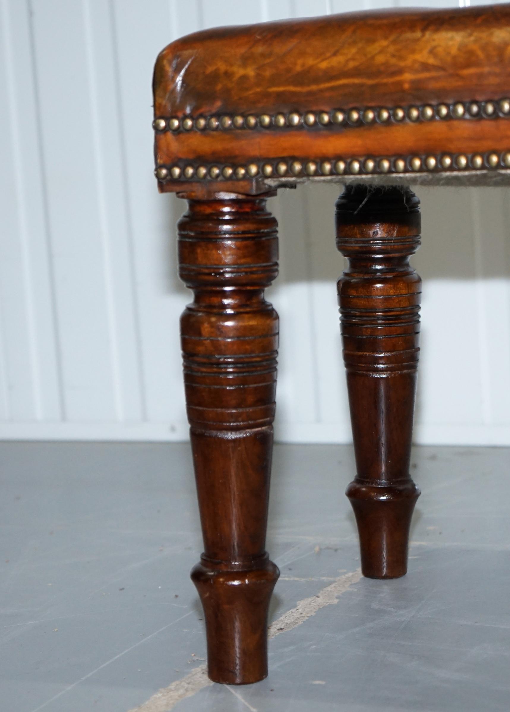 19th Century Restored Victorian Chesterfield Whiskey Brown Leather Bench Window Seat Stool