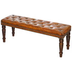 Restored Victorian Chesterfield Whiskey Brown Leather Bench Window Seat Stool