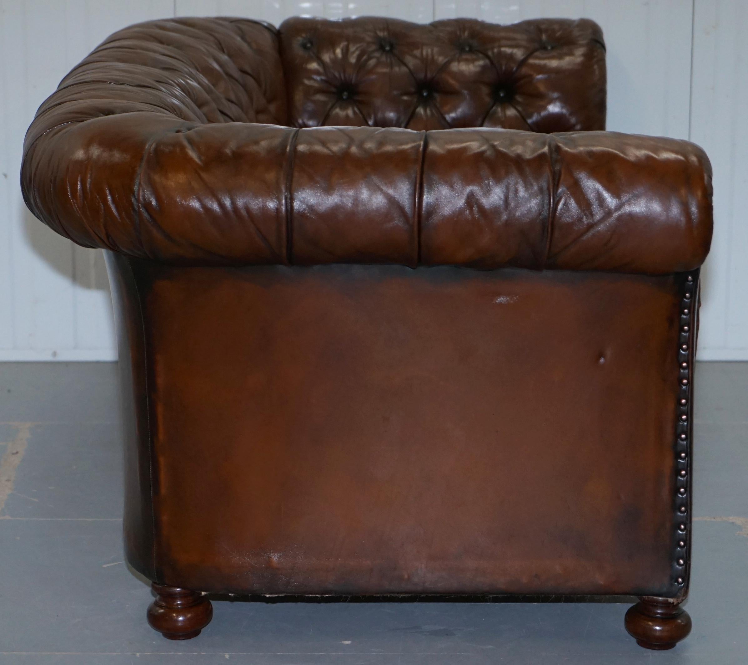 Restored Victorian Drop Arm Chesterfield Buttoned Hand Dyed Brown Leather Sofa 6