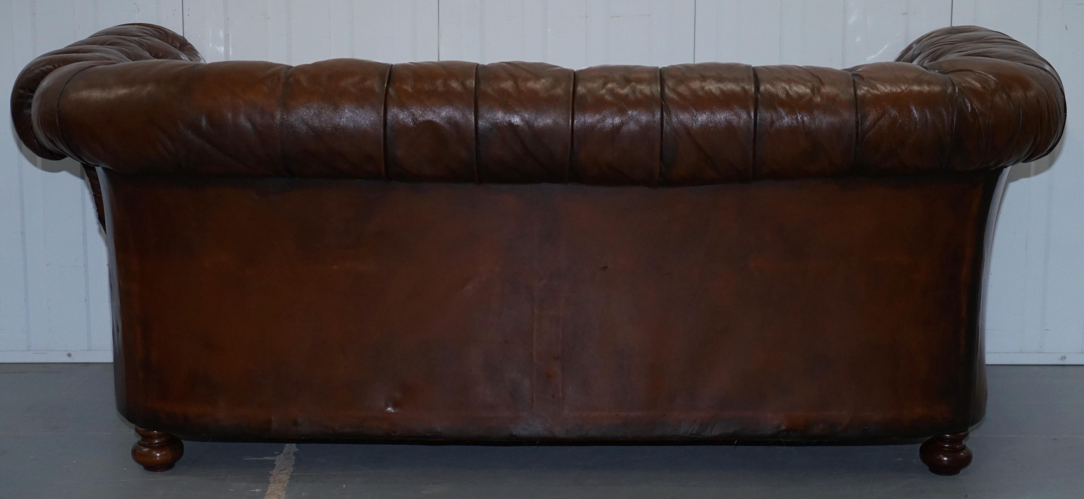 Restored Victorian Drop Arm Chesterfield Buttoned Hand Dyed Brown Leather Sofa 7