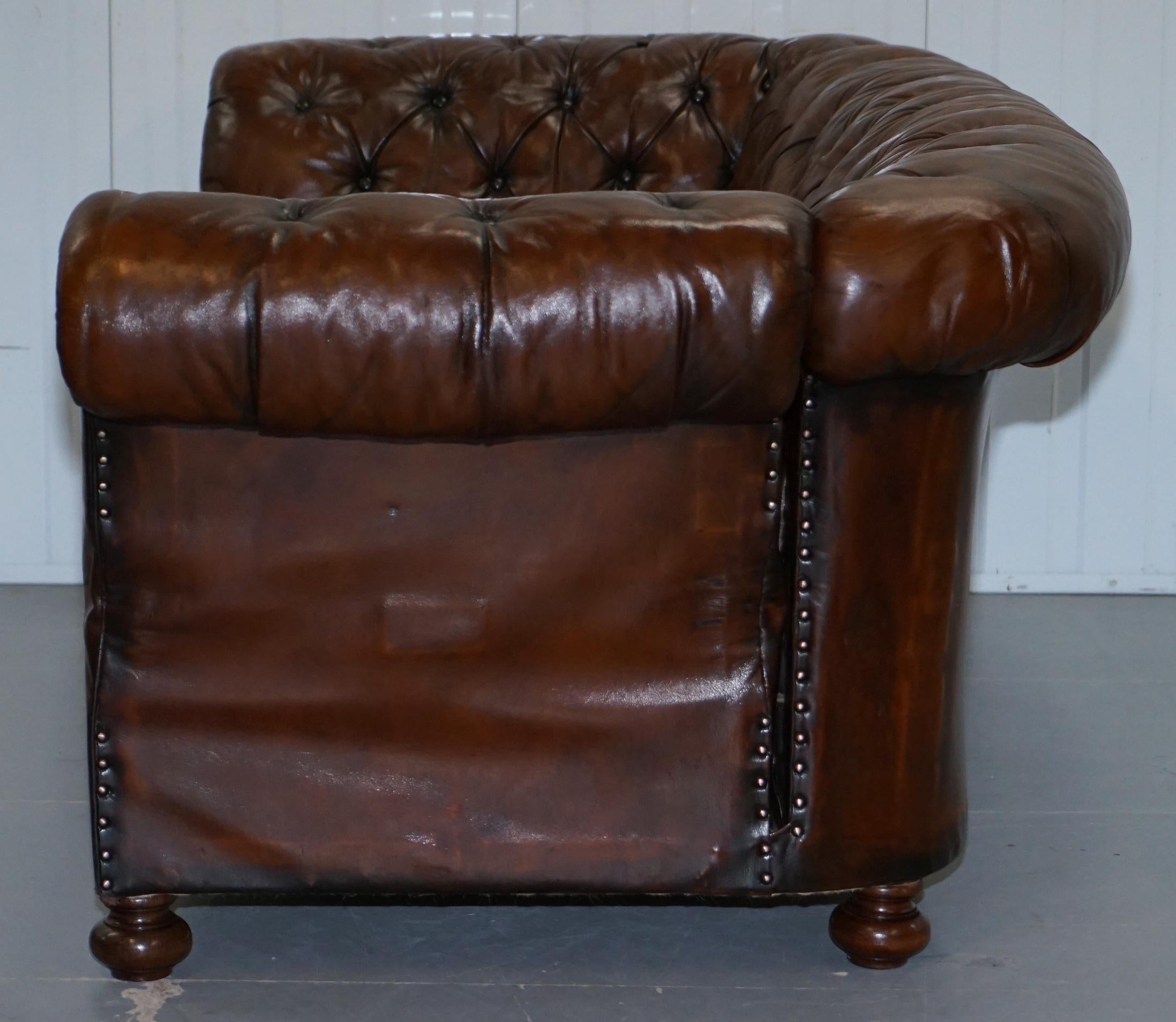 Restored Victorian Drop Arm Chesterfield Buttoned Hand Dyed Brown Leather Sofa 8