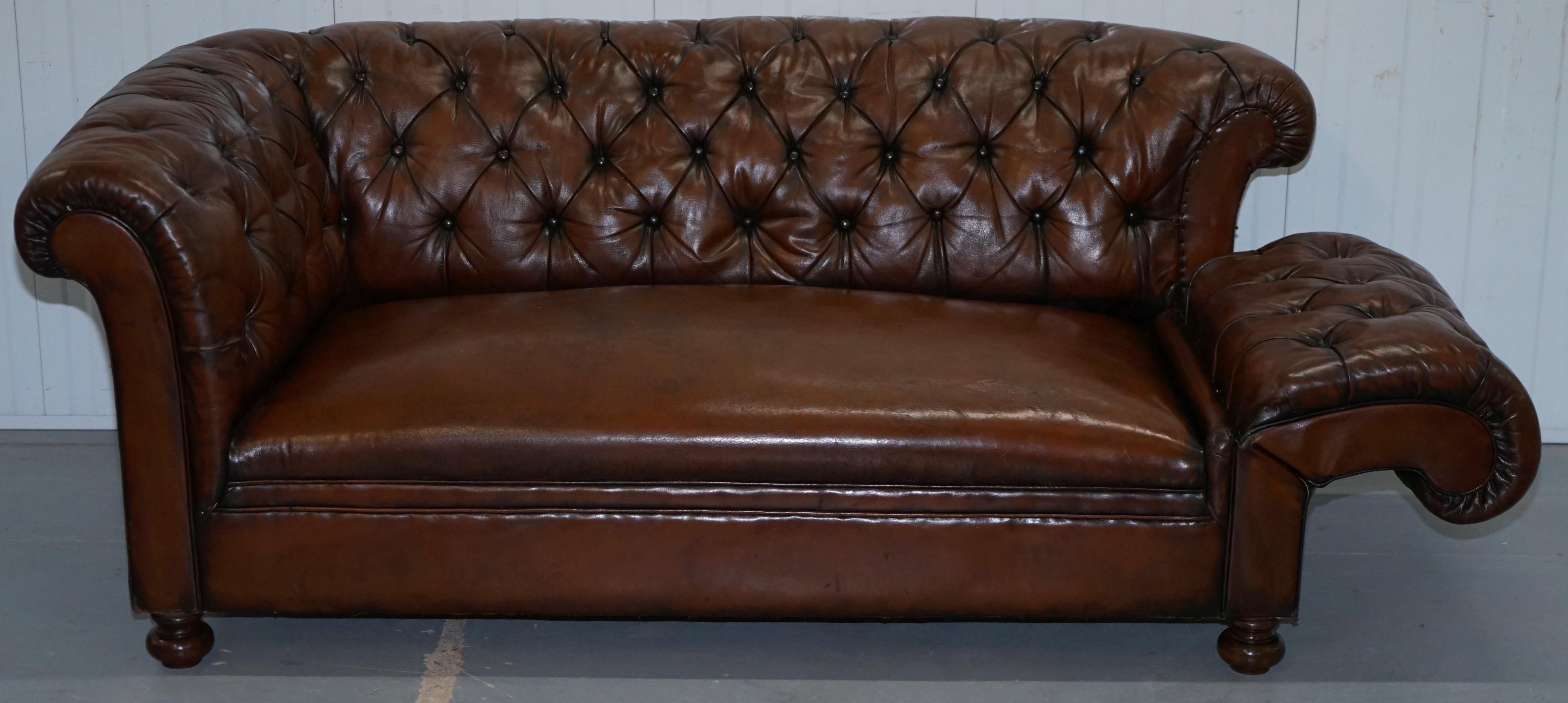 Restored Victorian Drop Arm Chesterfield Buttoned Hand Dyed Brown Leather Sofa 9