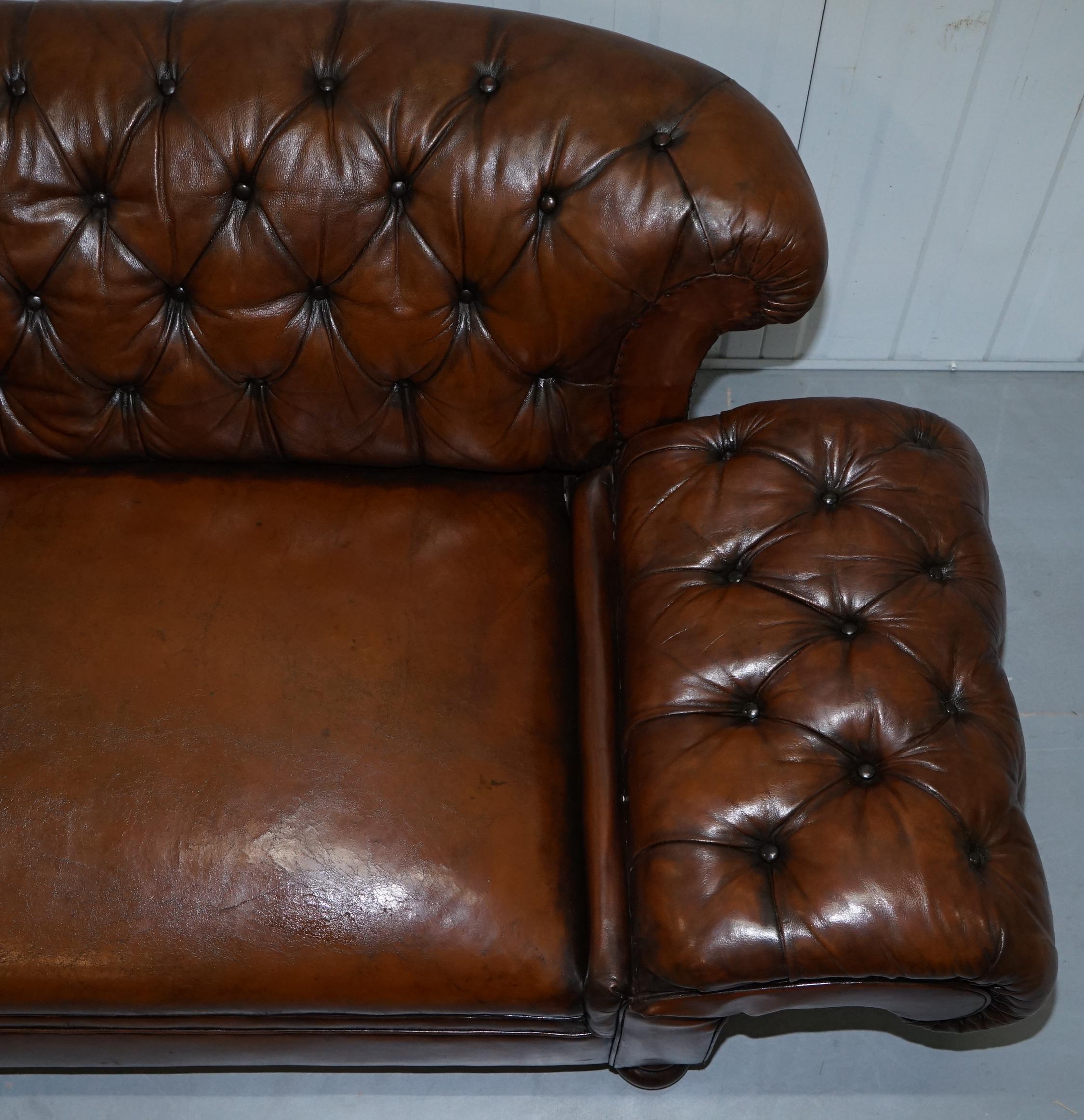 Restored Victorian Drop Arm Chesterfield Buttoned Hand Dyed Brown Leather Sofa 10