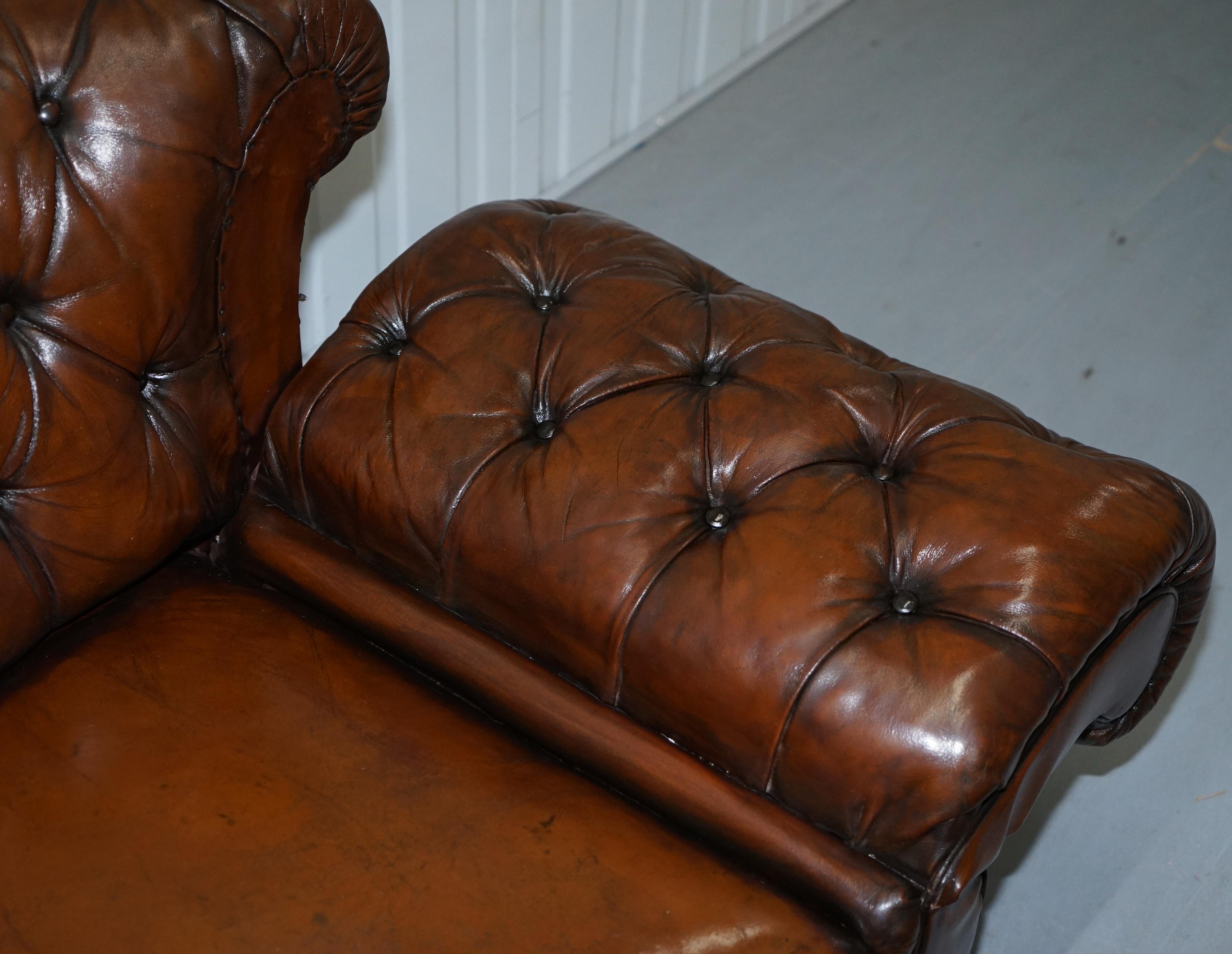 Restored Victorian Drop Arm Chesterfield Buttoned Hand Dyed Brown Leather Sofa 11