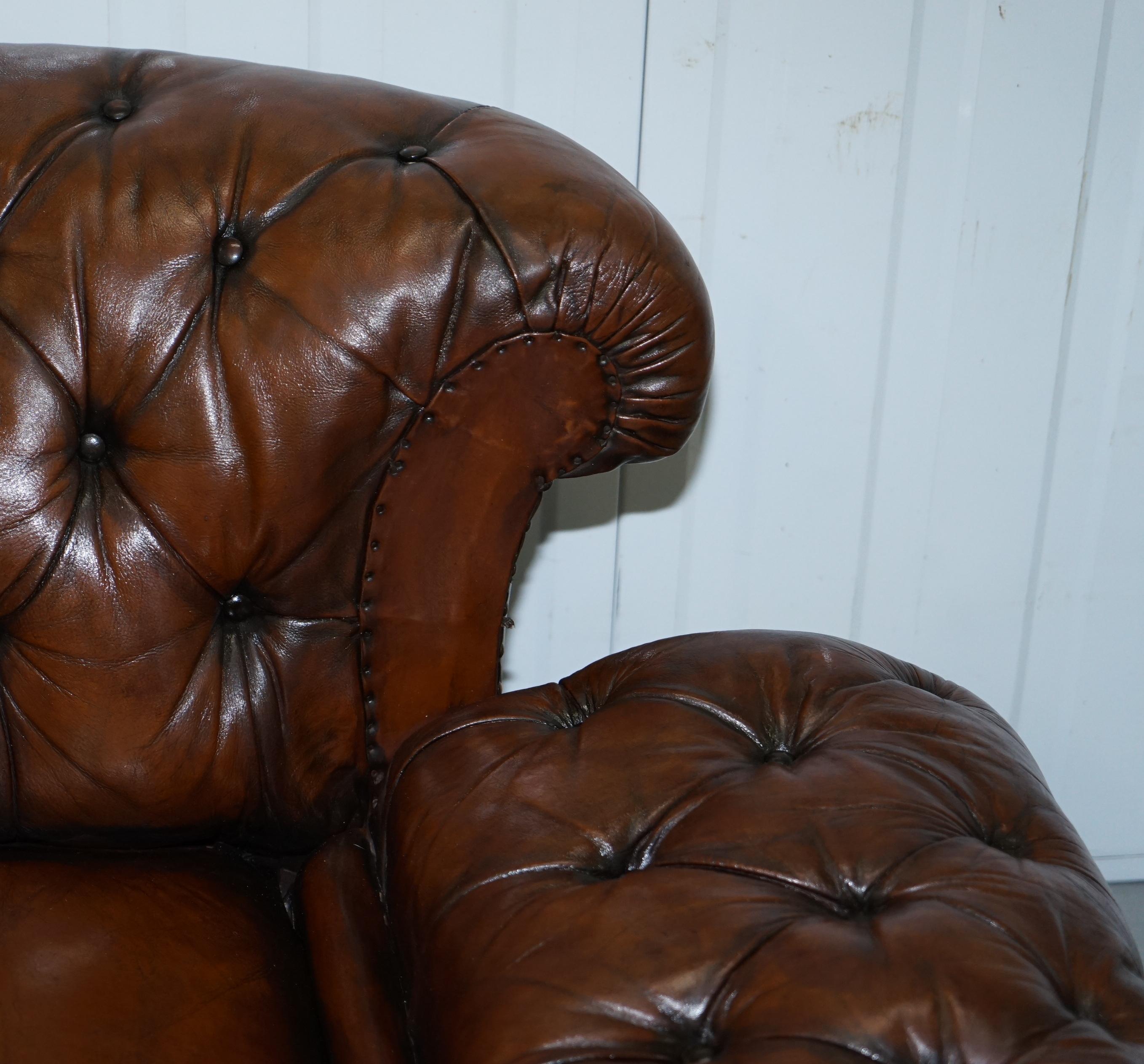 Restored Victorian Drop Arm Chesterfield Buttoned Hand Dyed Brown Leather Sofa 12