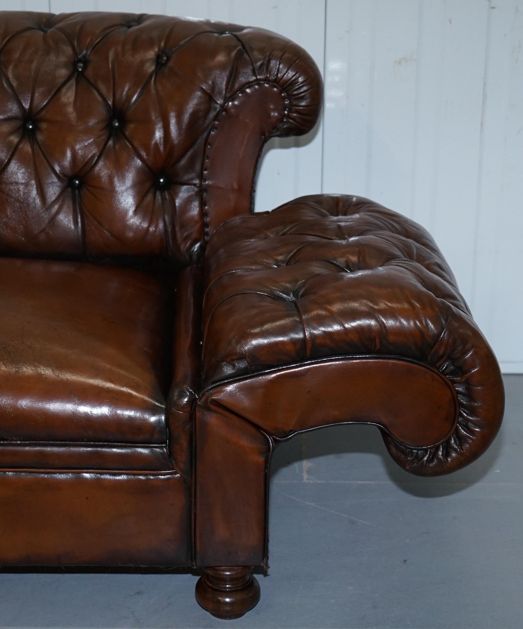 Restored Victorian Drop Arm Chesterfield Buttoned Hand Dyed Brown Leather Sofa 13