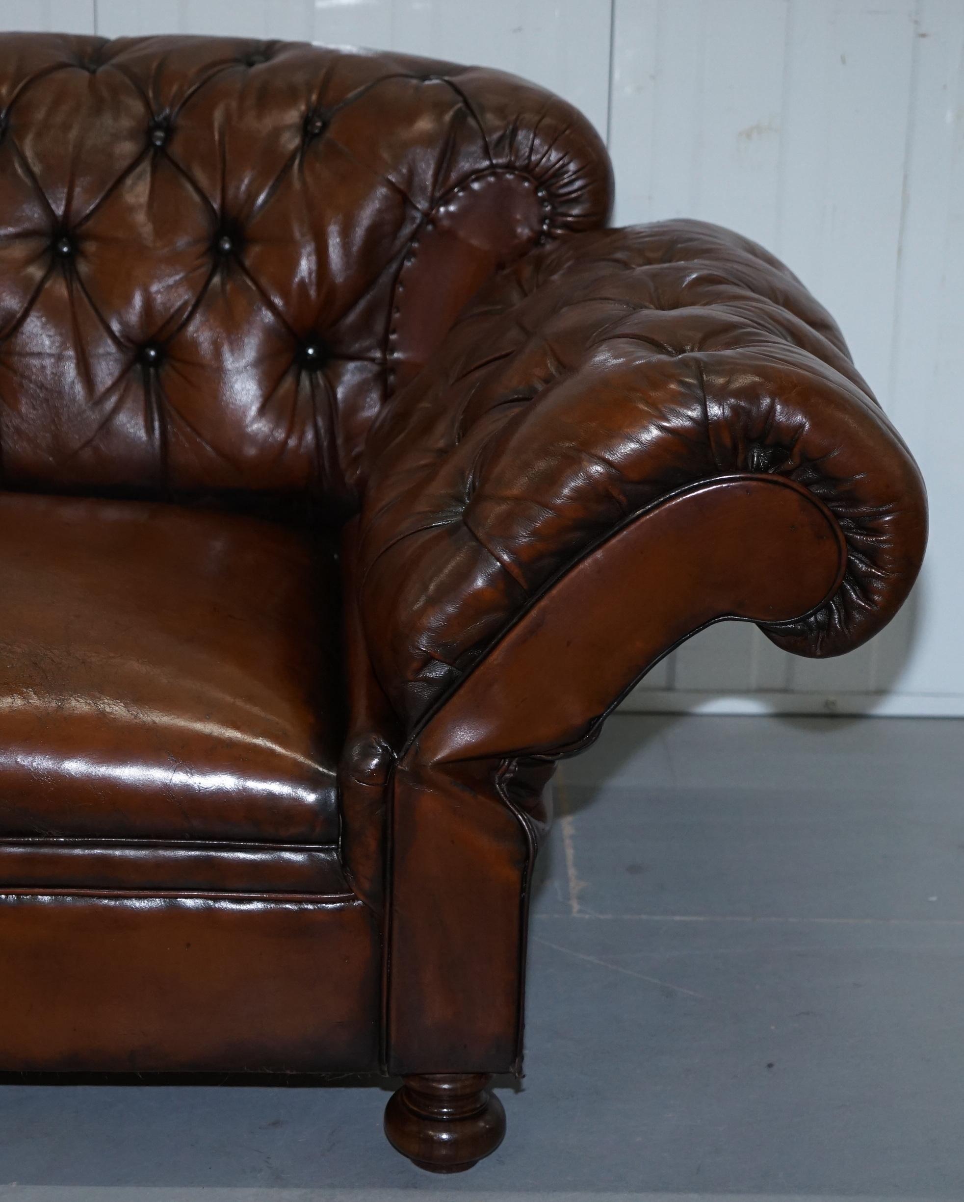 Restored Victorian Drop Arm Chesterfield Buttoned Hand Dyed Brown Leather Sofa 14