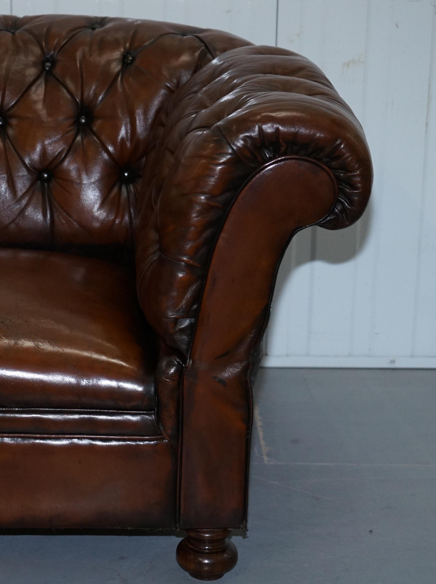 Restored Victorian Drop Arm Chesterfield Buttoned Hand Dyed Brown Leather Sofa 15
