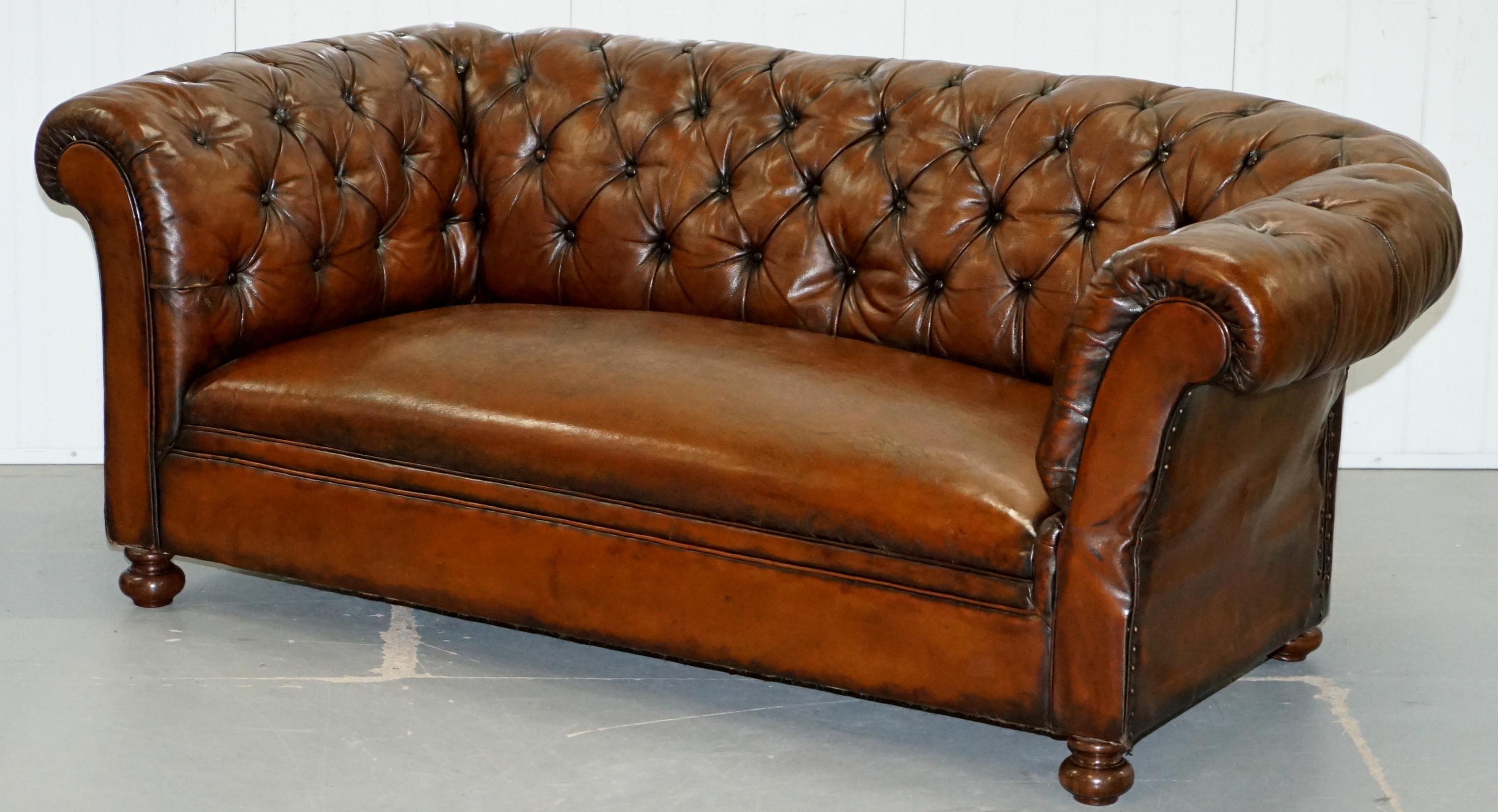 English Restored Victorian Drop Arm Chesterfield Buttoned Hand Dyed Brown Leather Sofa
