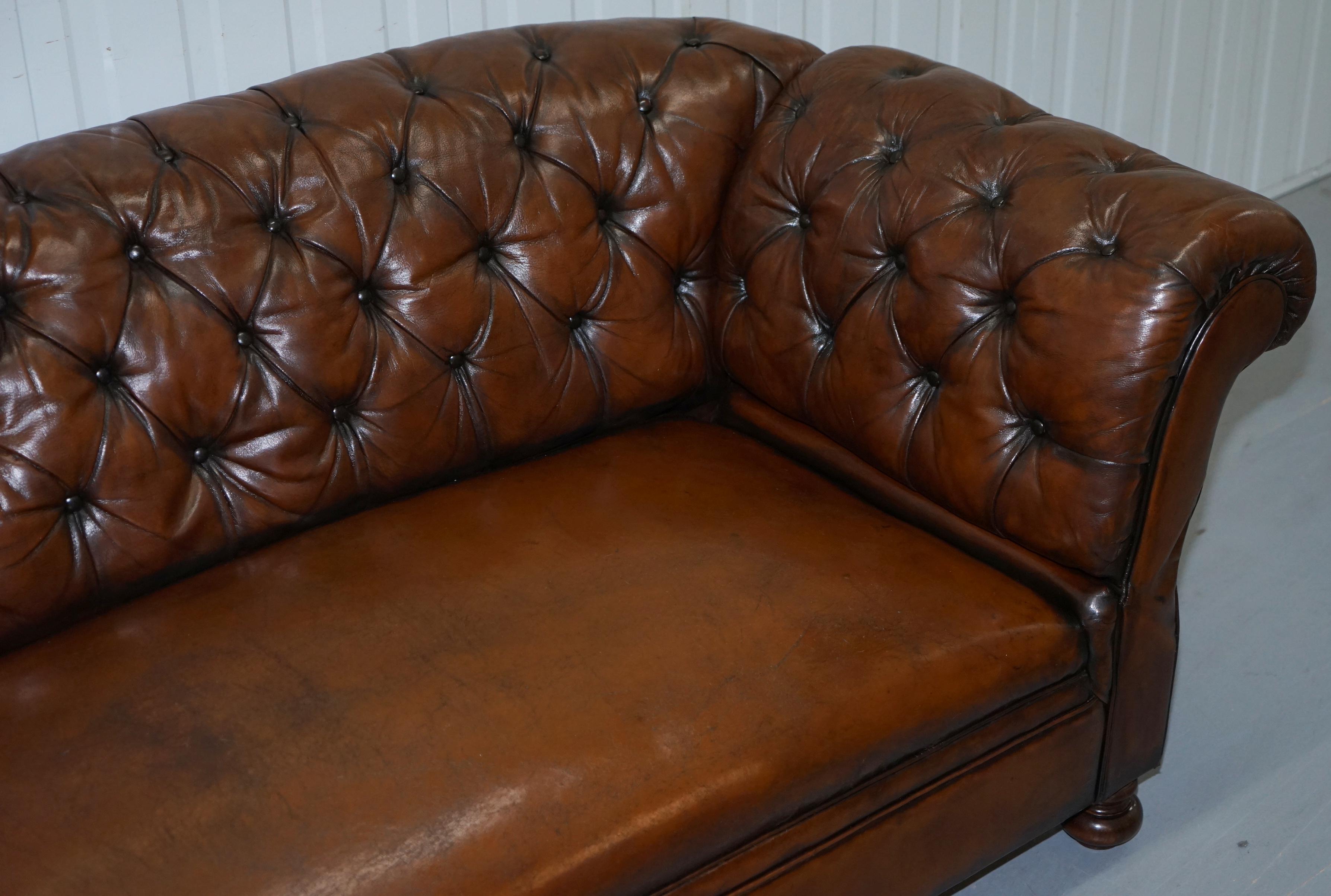 19th Century Restored Victorian Drop Arm Chesterfield Buttoned Hand Dyed Brown Leather Sofa