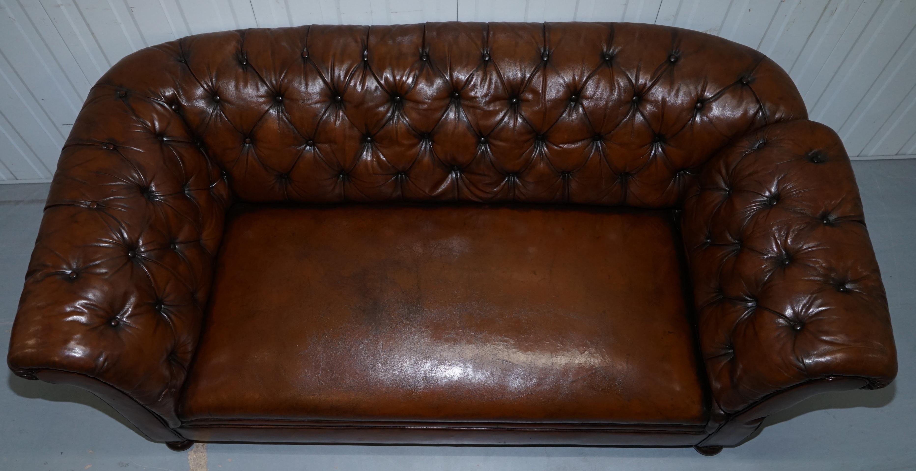 Restored Victorian Drop Arm Chesterfield Buttoned Hand Dyed Brown Leather Sofa 1