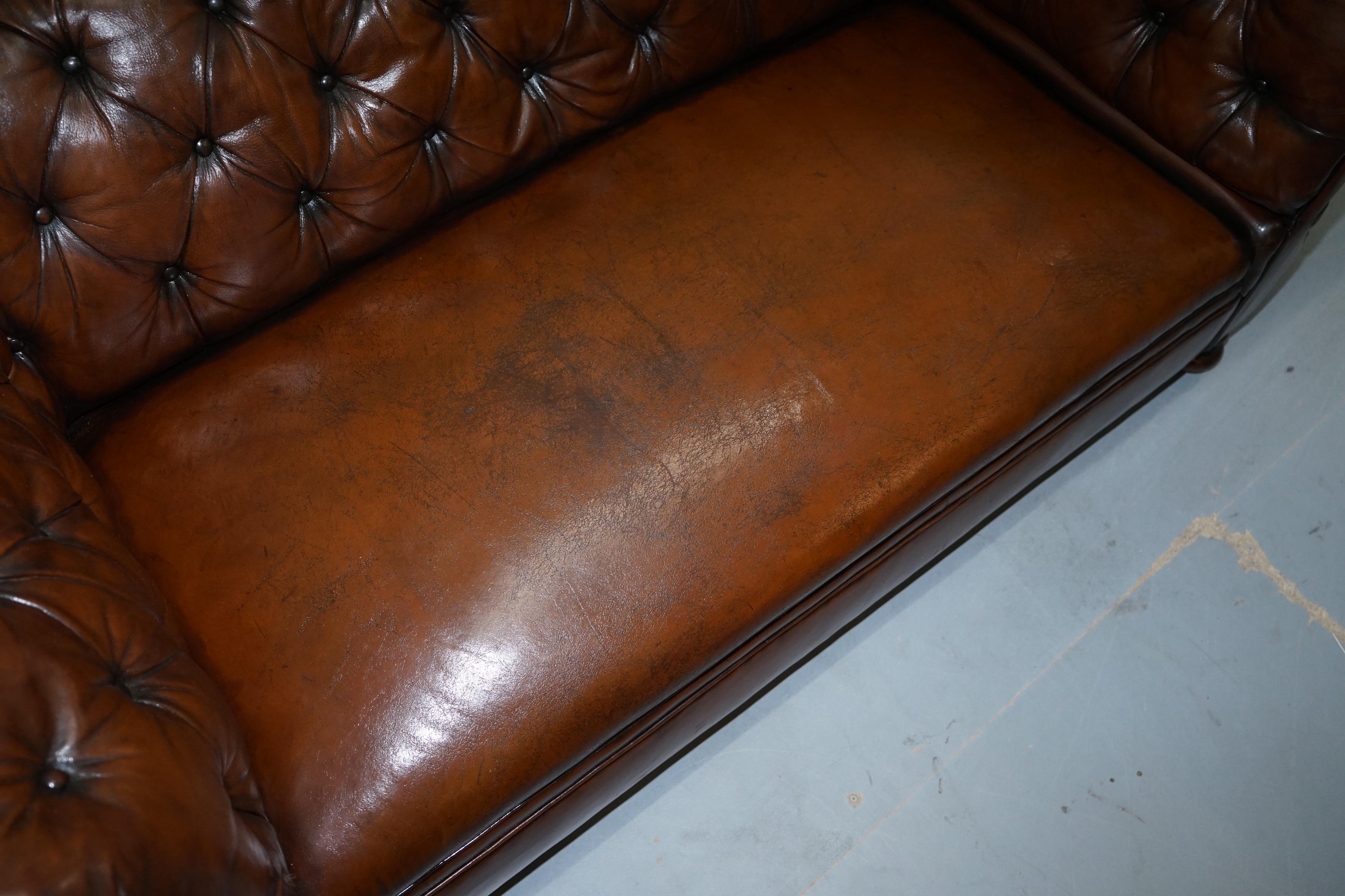 Restored Victorian Drop Arm Chesterfield Buttoned Hand Dyed Brown Leather Sofa 2