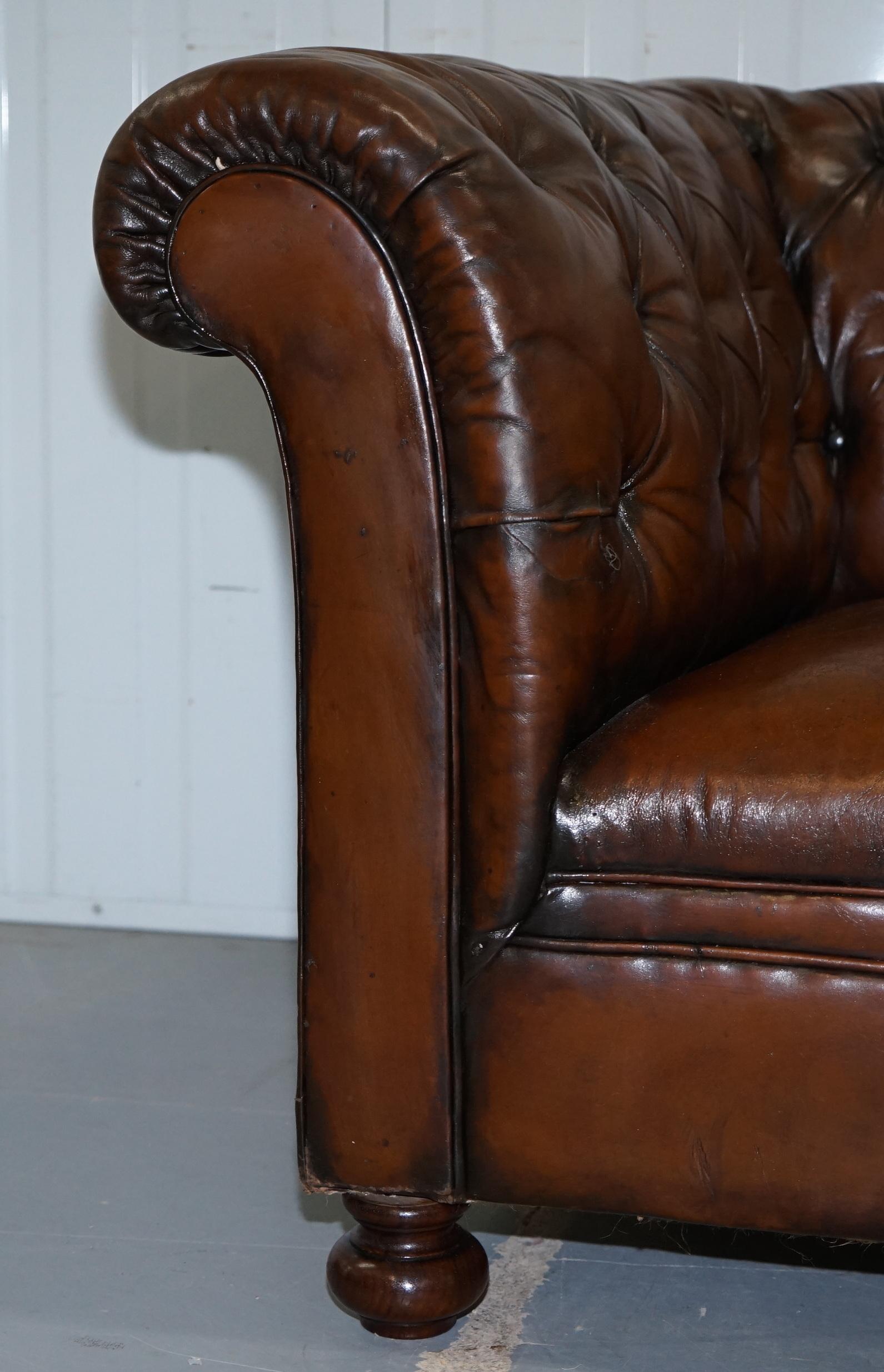 Restored Victorian Drop Arm Chesterfield Buttoned Hand Dyed Brown Leather Sofa 3