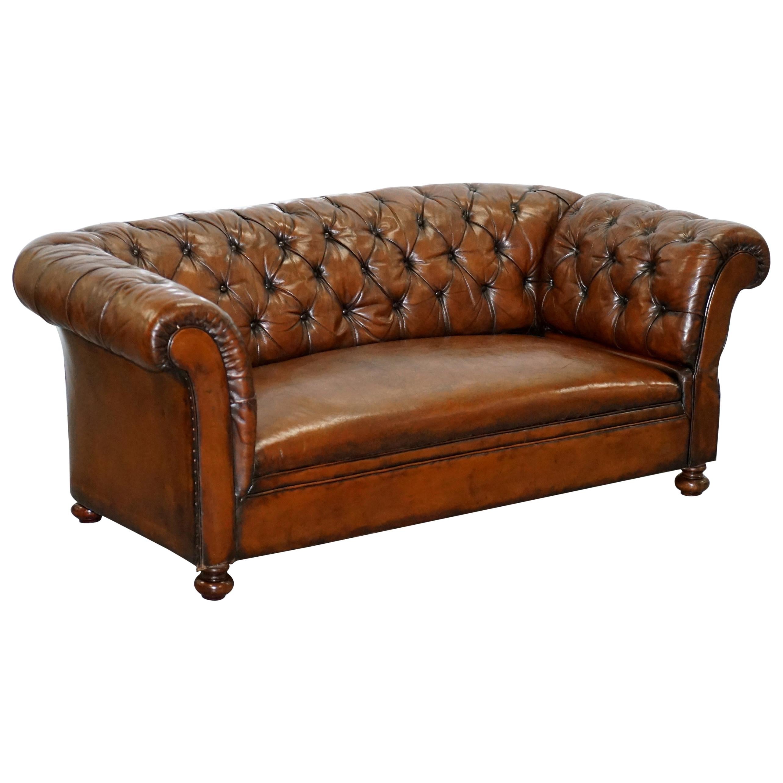 Restored Victorian Drop Arm Chesterfield Buttoned Hand Dyed Brown Leather Sofa