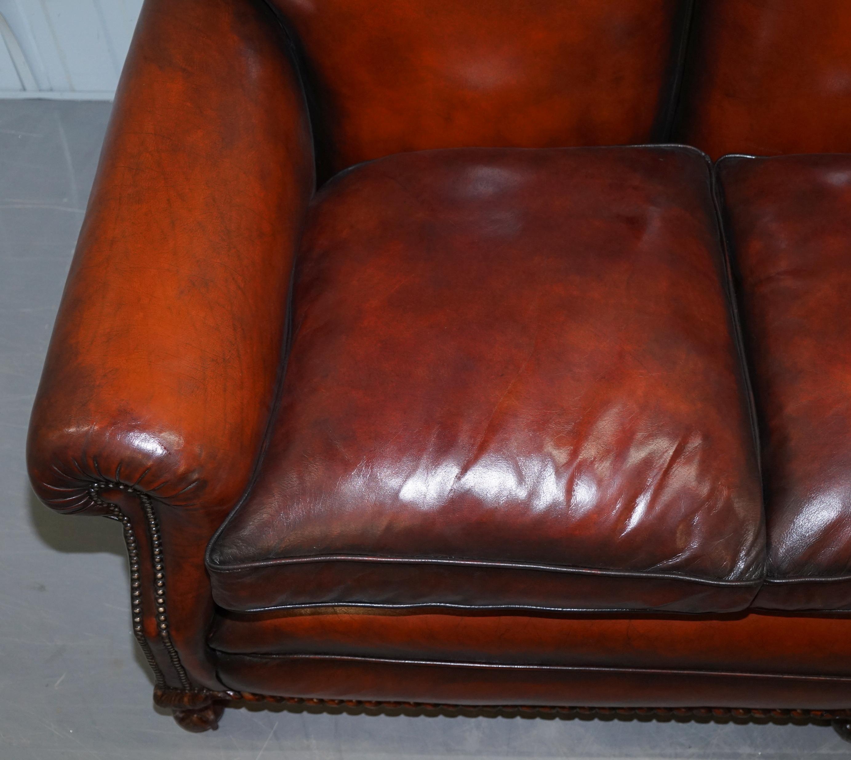 Restored Victorian Hand Dyed Brown Leather Sofa Claw & Ball Feet Feather Cushion For Sale 3