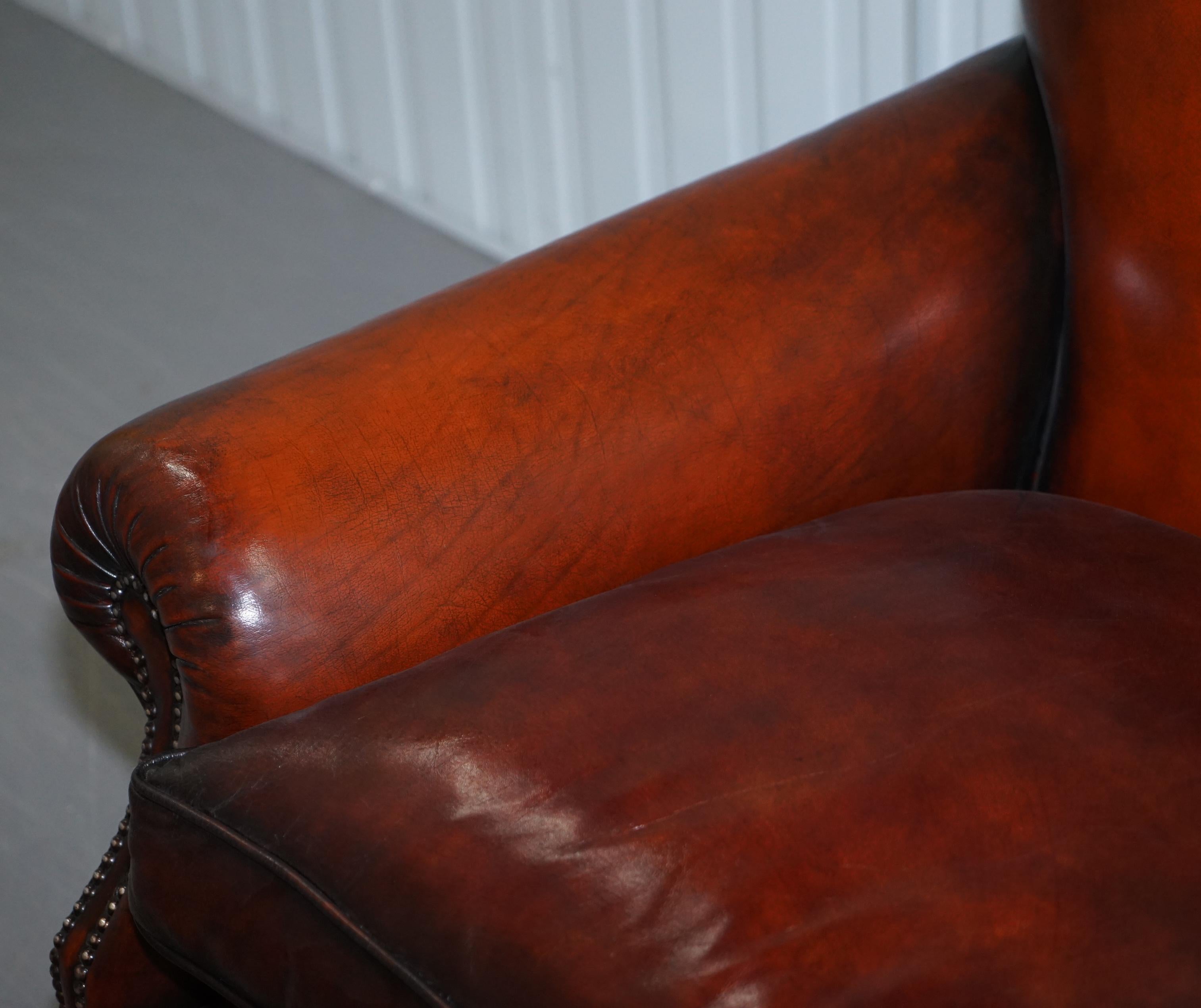 Restored Victorian Hand Dyed Brown Leather Sofa Claw & Ball Feet Feather Cushion For Sale 4