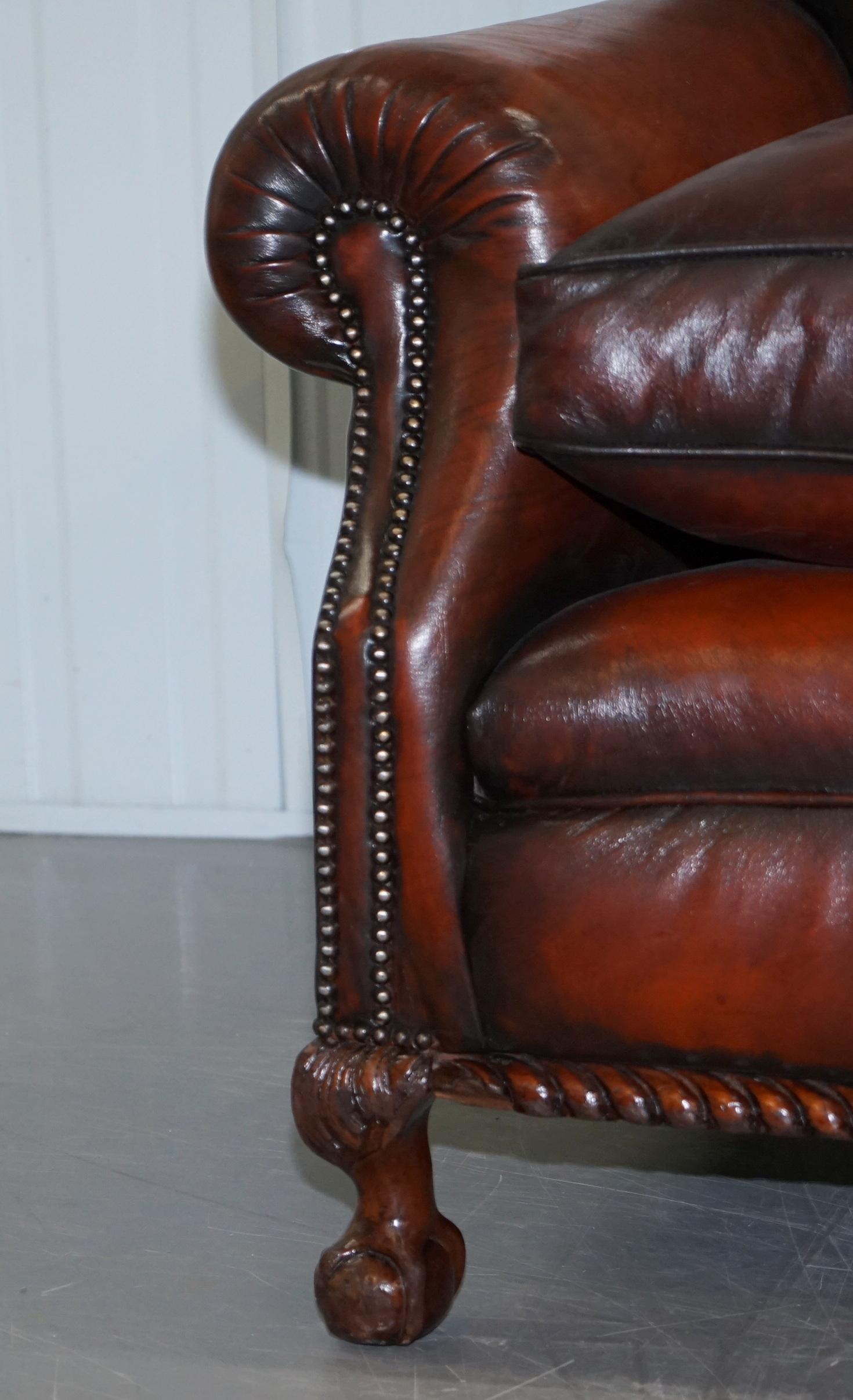 Restored Victorian Hand Dyed Brown Leather Sofa Claw & Ball Feet Feather Cushion For Sale 5