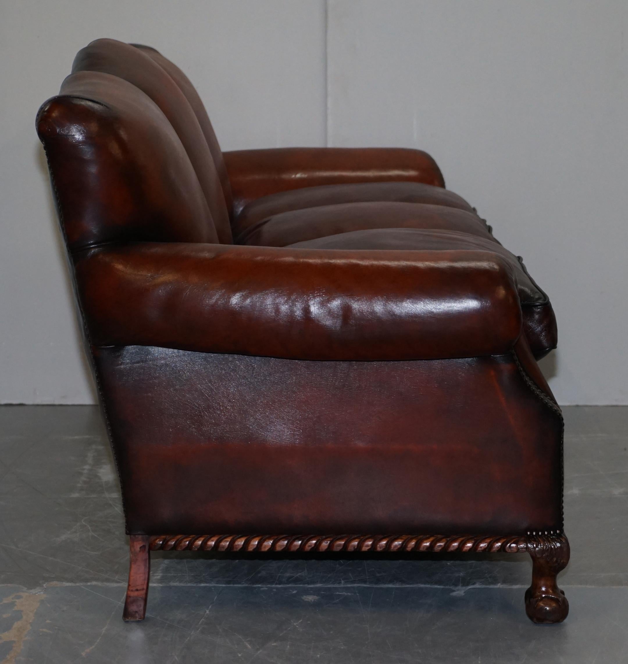 Restored Victorian Hand Dyed Brown Leather Sofa Claw & Ball Feet Feather Cushion For Sale 9