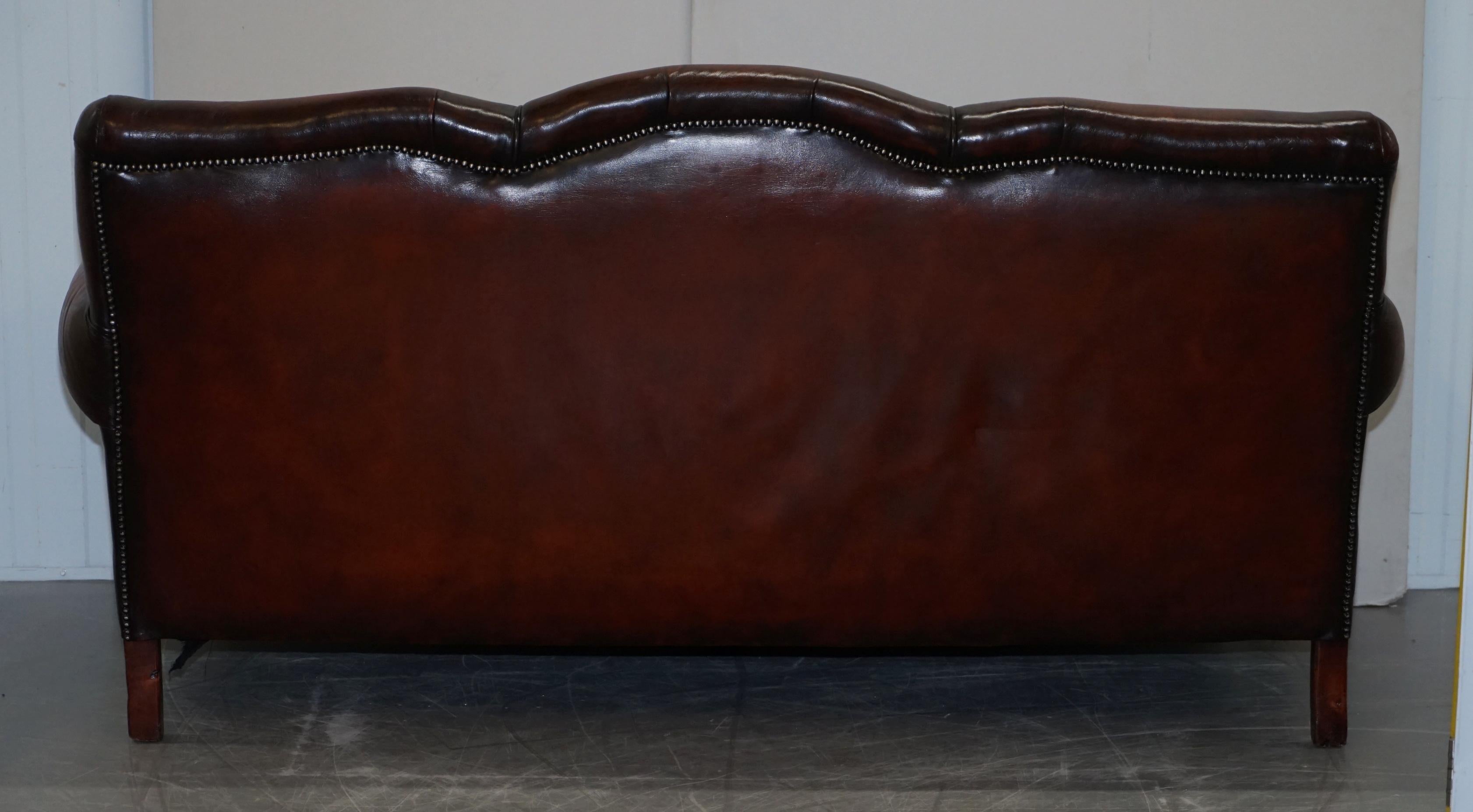 Restored Victorian Hand Dyed Brown Leather Sofa Claw & Ball Feet Feather Cushion For Sale 10