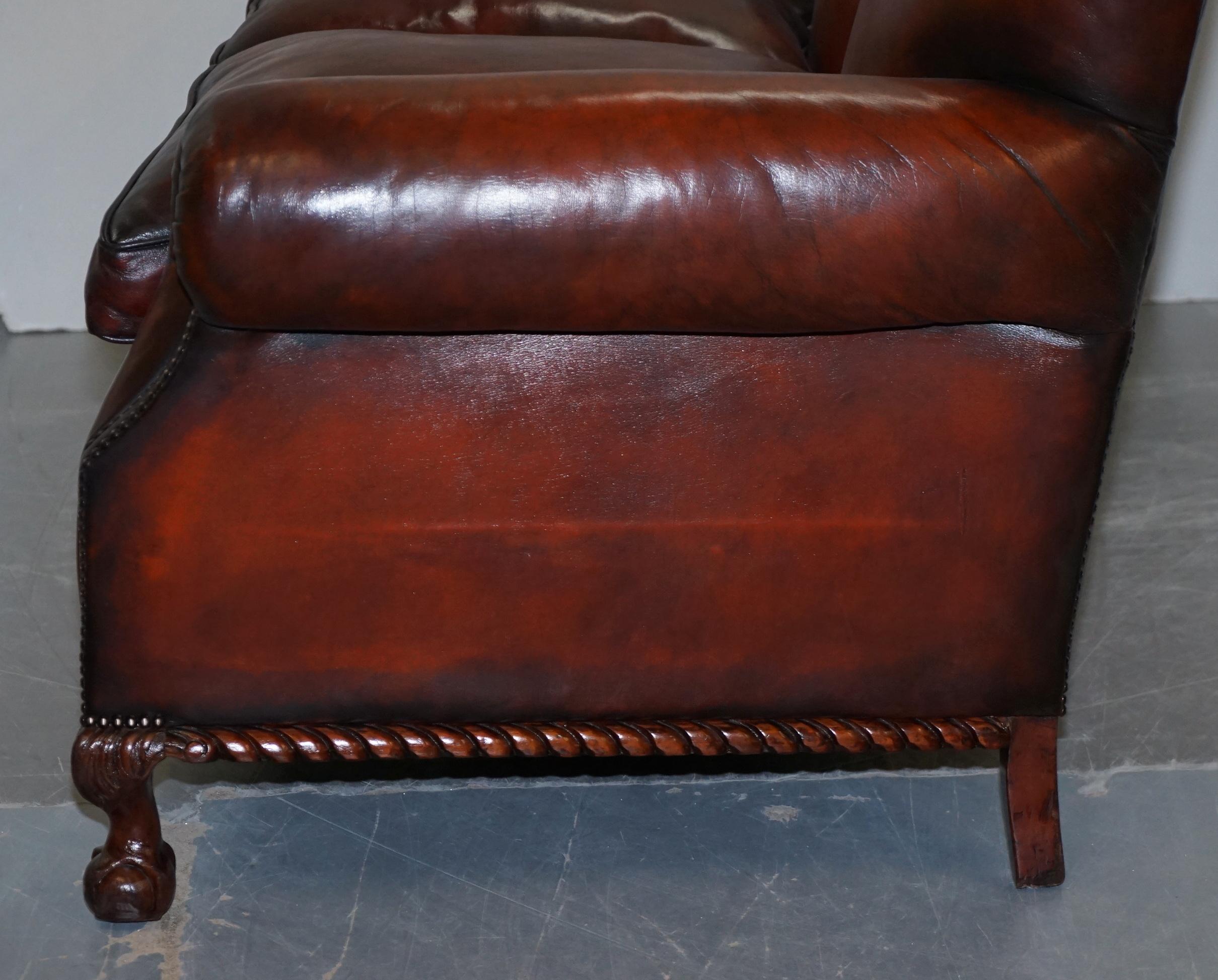Restored Victorian Hand Dyed Brown Leather Sofa Claw & Ball Feet Feather Cushion For Sale 12