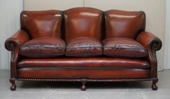 Restored Victorian Hand Dyed Brown Leather Sofa Claw & Ball Feet Feather Cushion