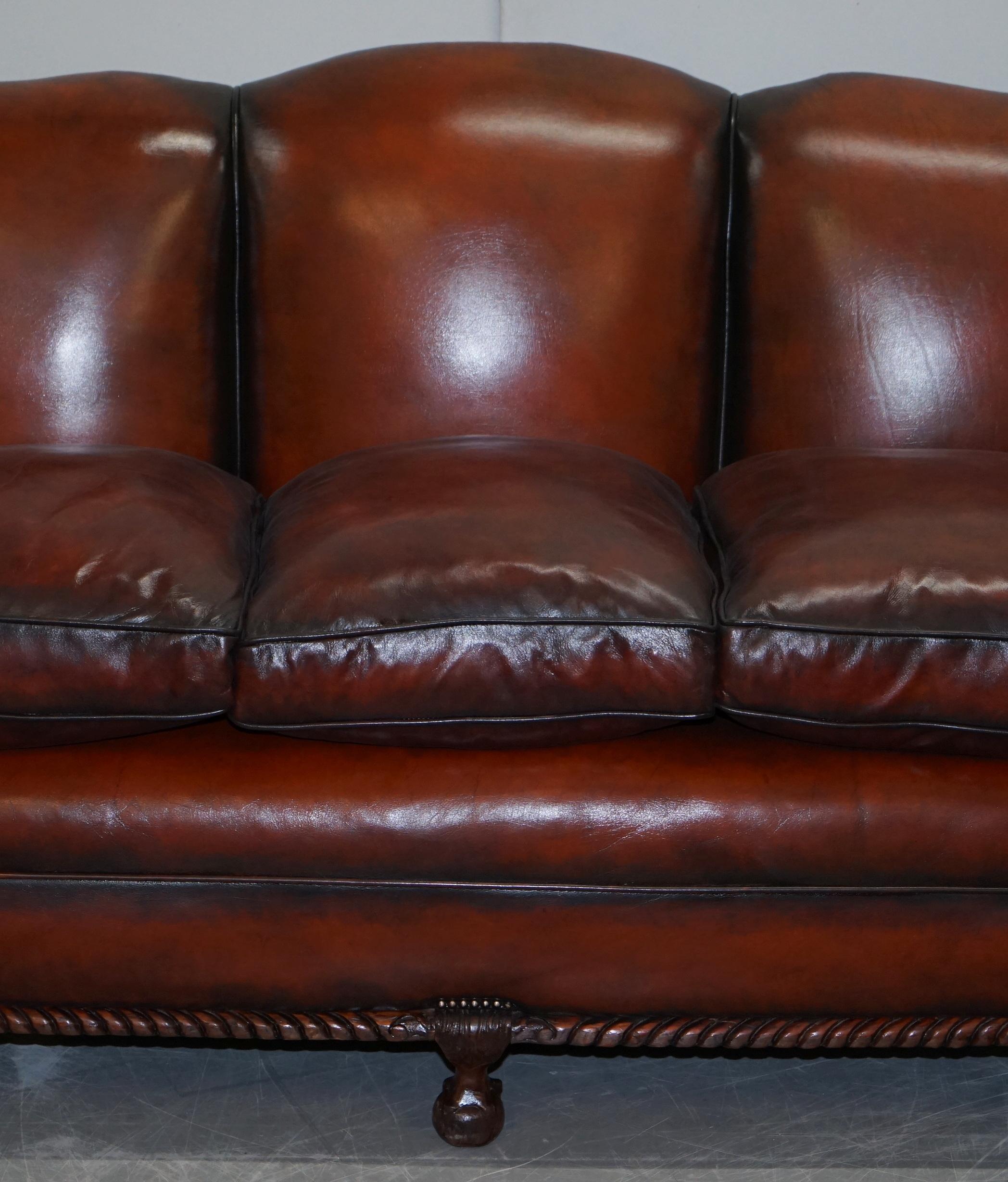 Late Victorian Restored Victorian Hand Dyed Brown Leather Sofa Claw & Ball Feet Feather Cushion For Sale
