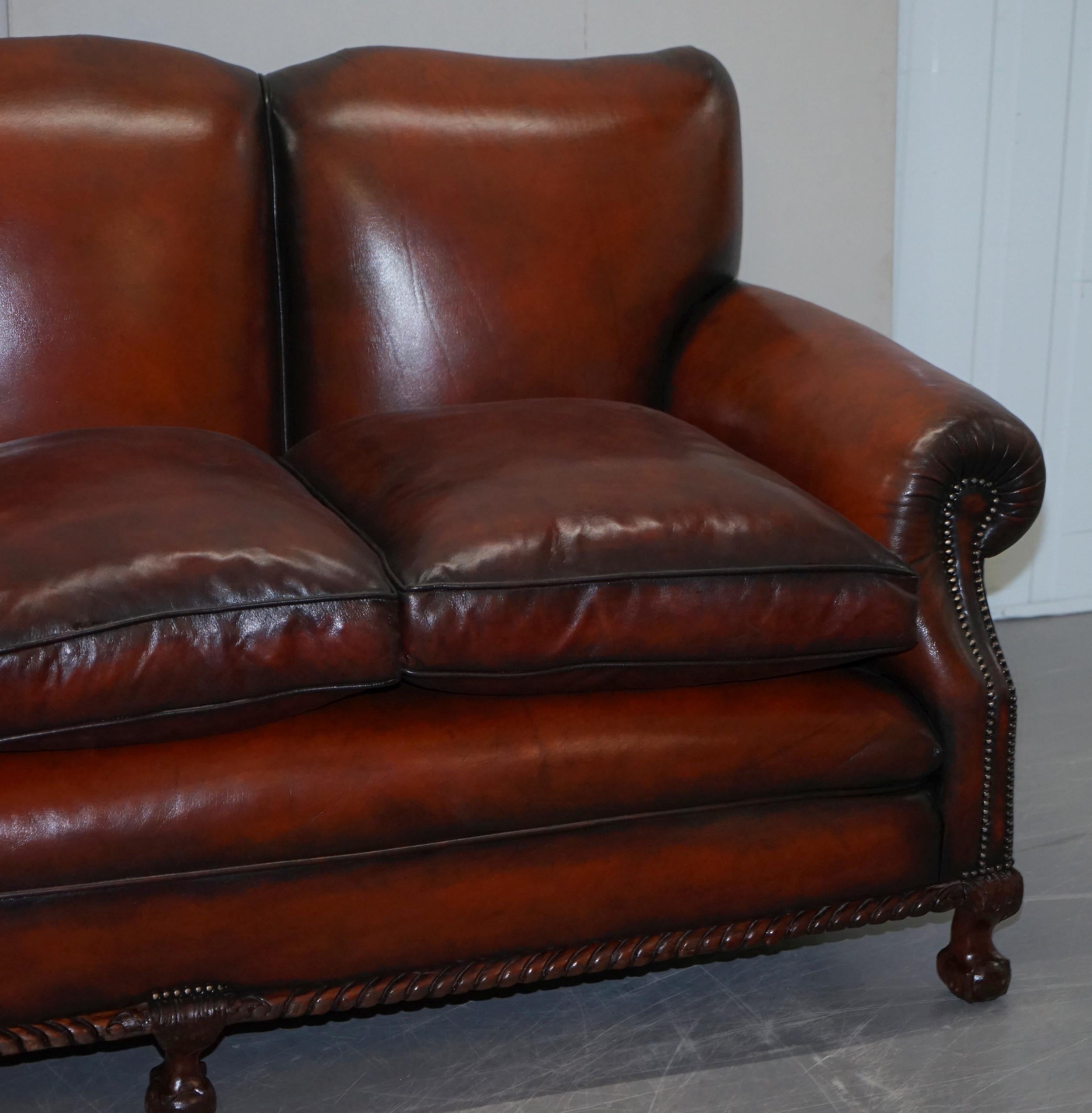 English Restored Victorian Hand Dyed Brown Leather Sofa Claw & Ball Feet Feather Cushion For Sale