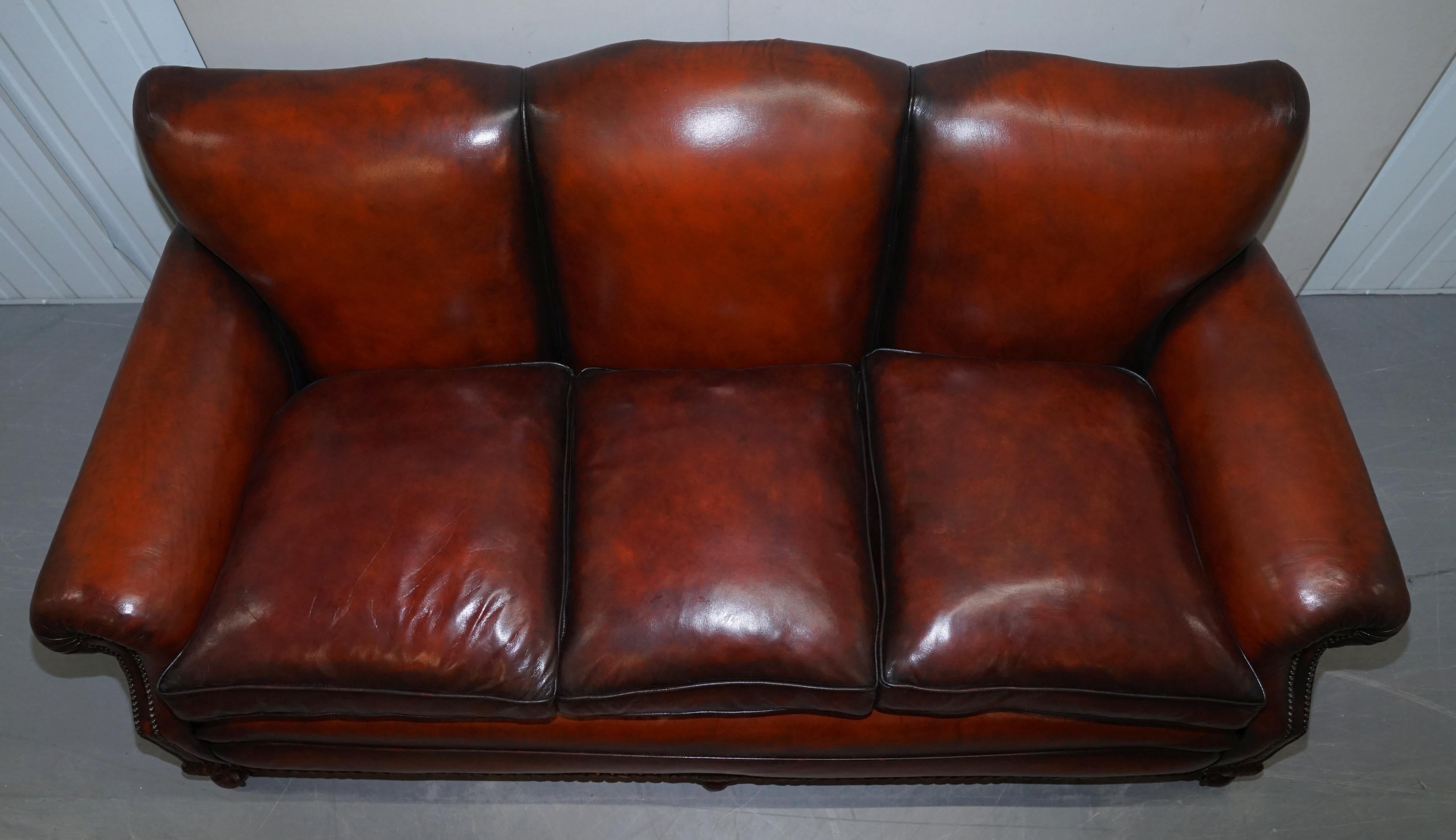 Restored Victorian Hand Dyed Brown Leather Sofa Claw & Ball Feet Feather Cushion For Sale 2