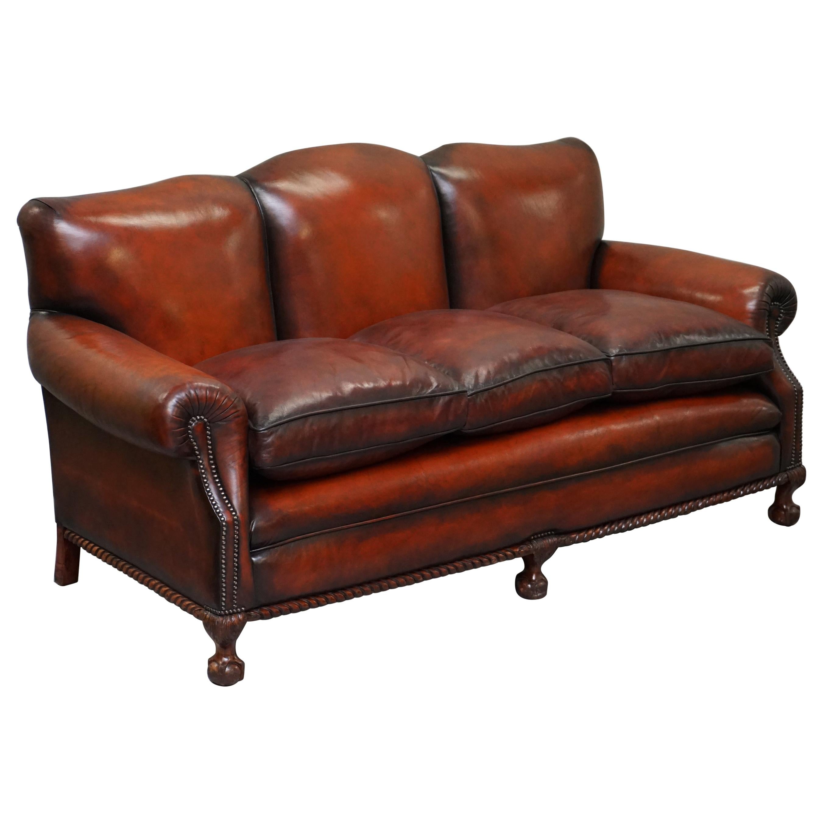 Restored Victorian Hand Dyed Brown Leather Sofa Claw & Ball Feet Feather Cushion