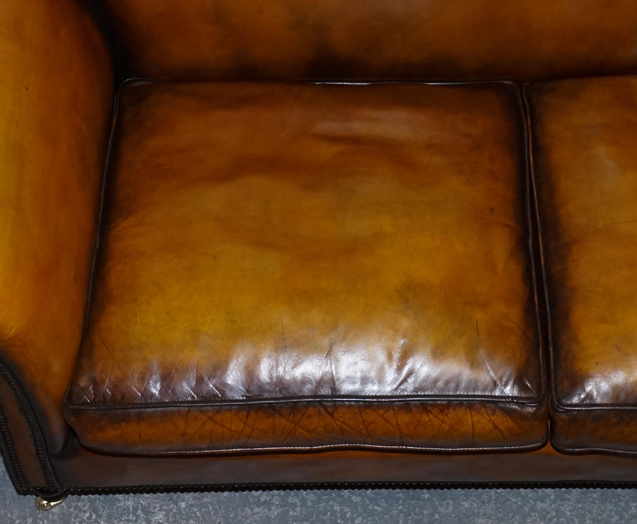 RESTORED VICTORIAN HAND DYED TAN BROWN LEATHER SOFA CHESTERFiELD STUDS For Sale 3
