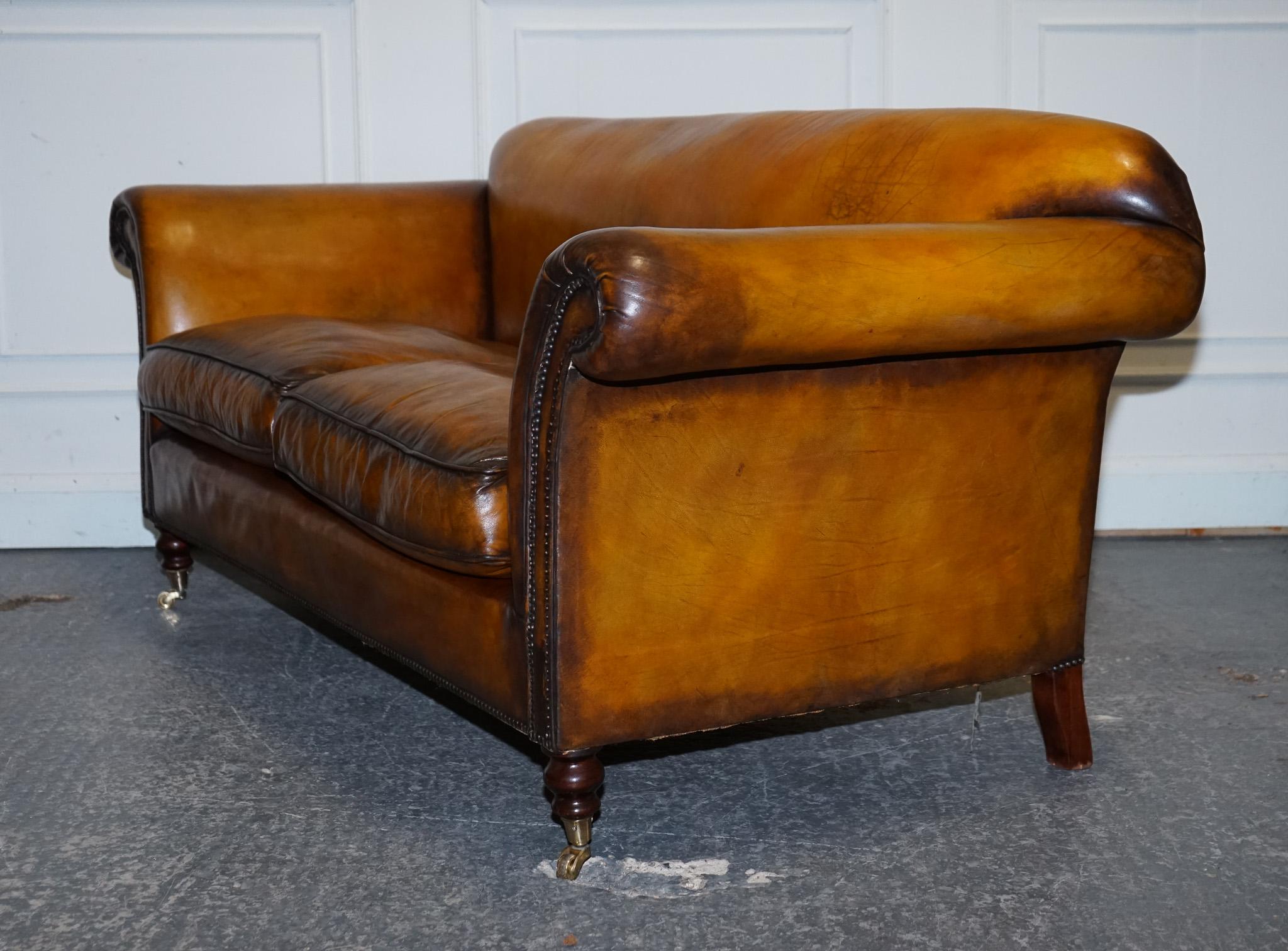 RESTORED VICTORIAN HAND DYED TAN BROWN LEATHER SOFA CHESTERFiELD STUDS For Sale 6