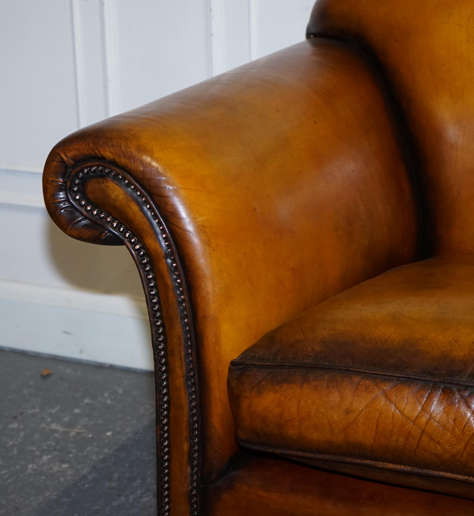 Hand-Crafted RESTORED VICTORIAN HAND DYED TAN BROWN LEATHER SOFA CHESTERFiELD STUDS For Sale