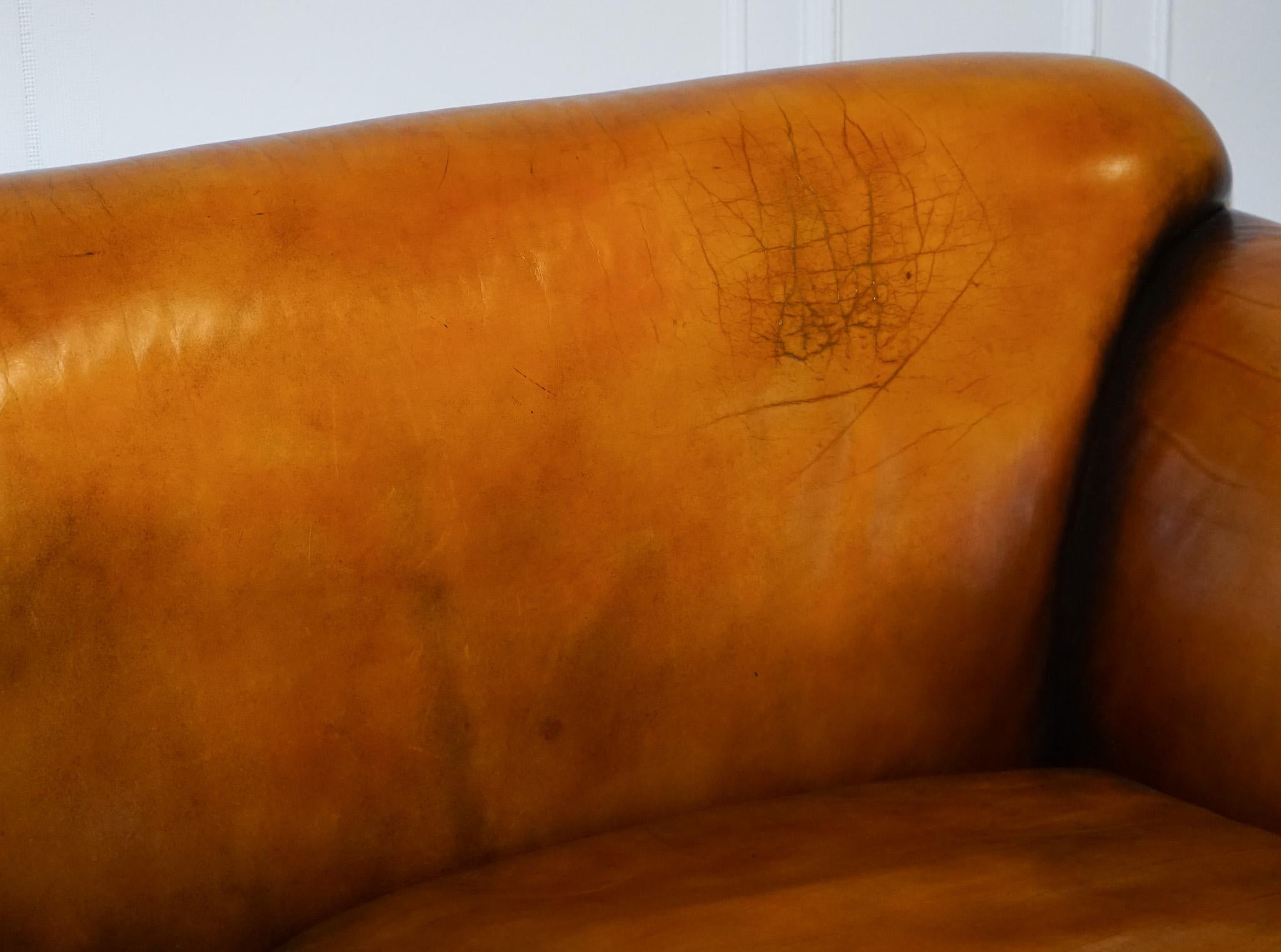 RESTORED VICTORIAN HAND DYED TAN BROWN LEATHER SOFA CHESTERFiELD STUDS For Sale 1