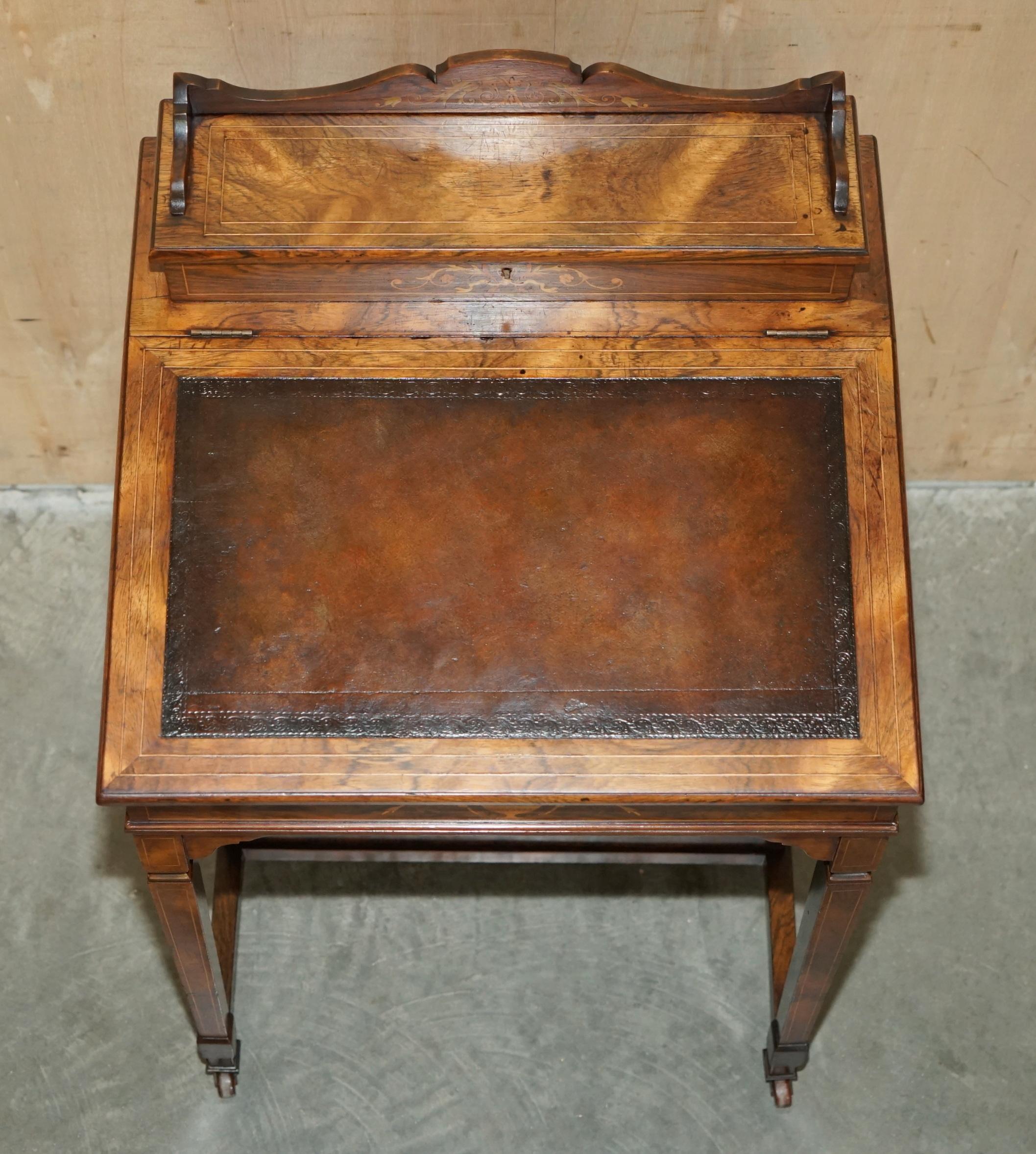 RESTORED ViCTORIAN HARDWOOD MARQUETRY INLAID & BROWN LEATHER DAVENPORT DESK For Sale 4