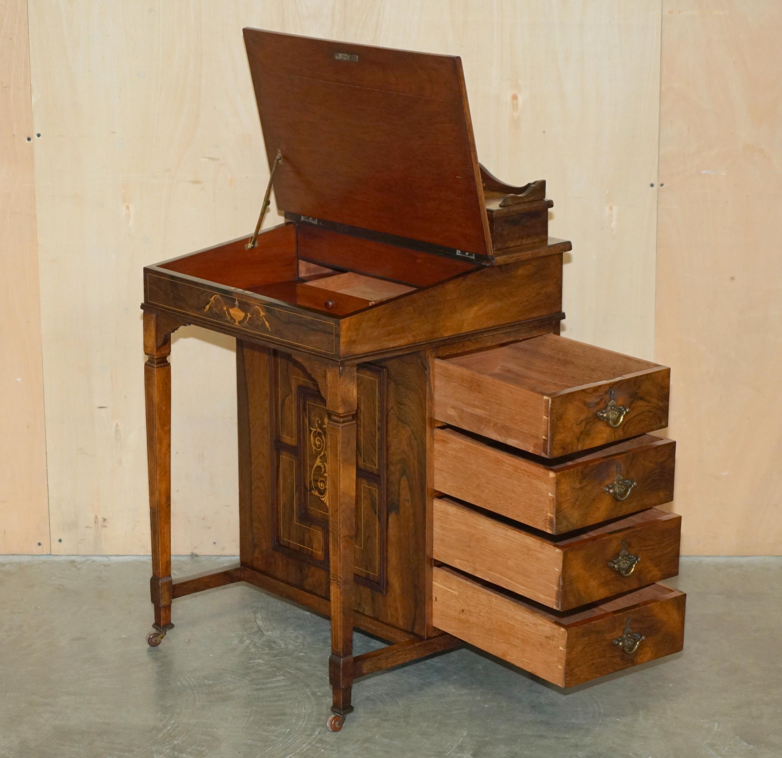 RESTORED ViCTORIAN HARDWOOD MARQUETRY INLAID & BROWN LEATHER DAVENPORT DESK For Sale 7