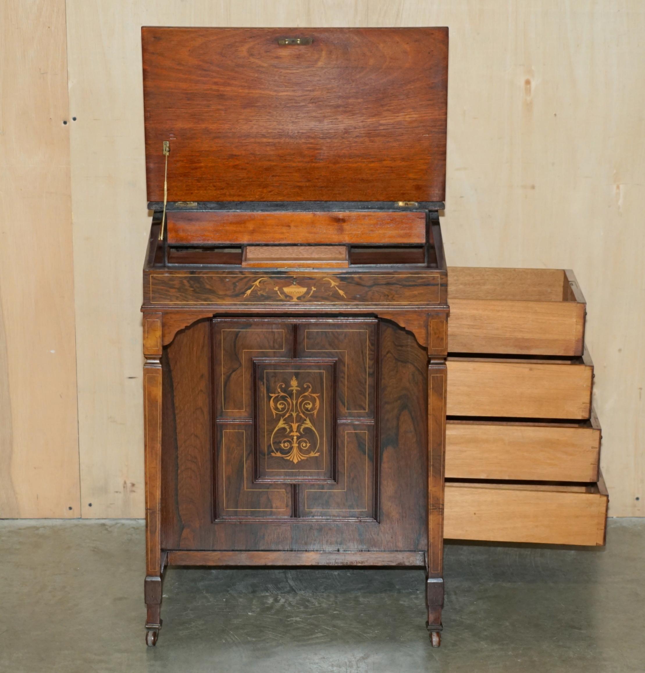 RESTORED ViCTORIAN HARDWOOD MARQUETRY INLAID & BROWN LEATHER DAVENPORT DESK For Sale 8