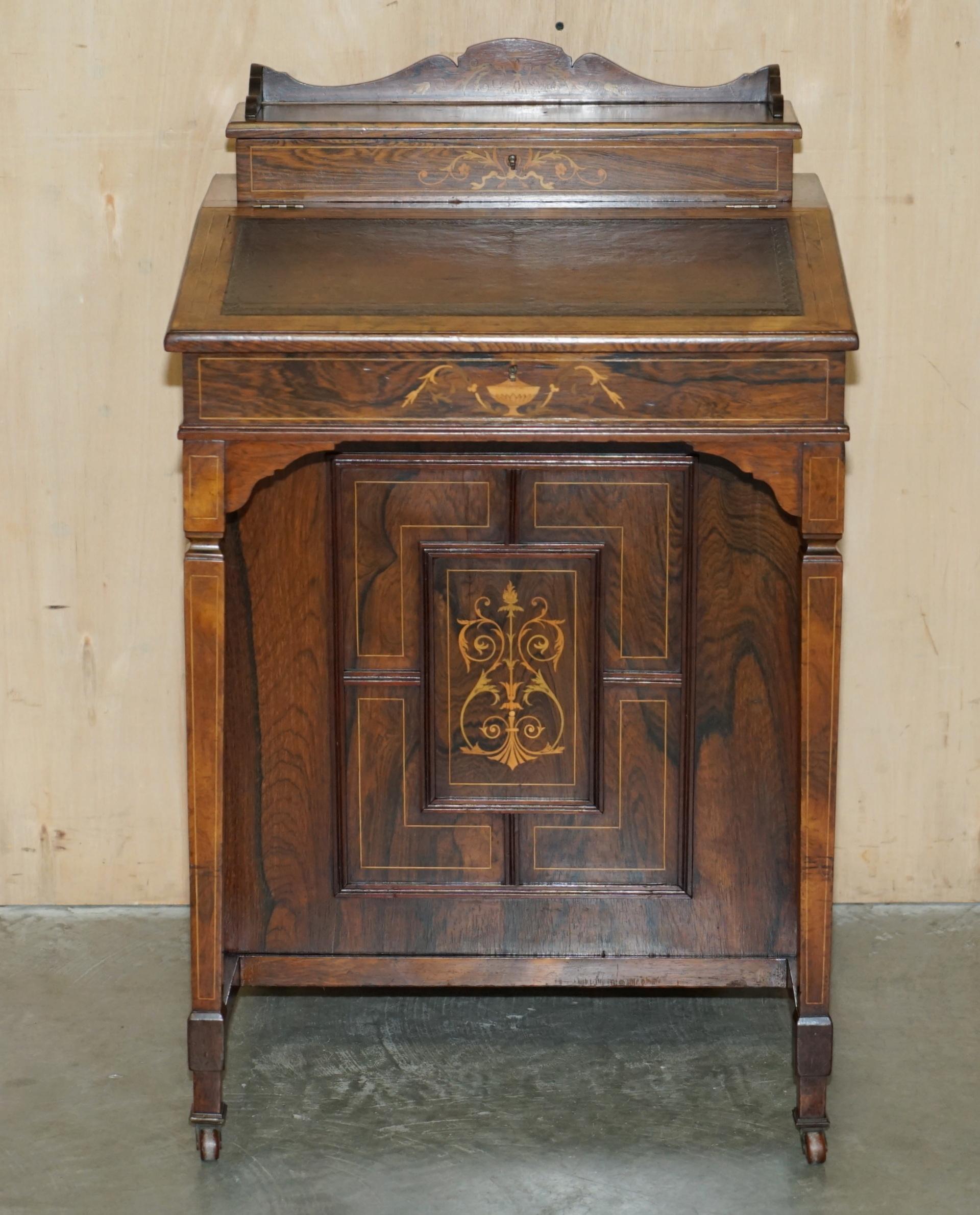 Victorian RESTORED ViCTORIAN HARDWOOD MARQUETRY INLAID & BROWN LEATHER DAVENPORT DESK For Sale