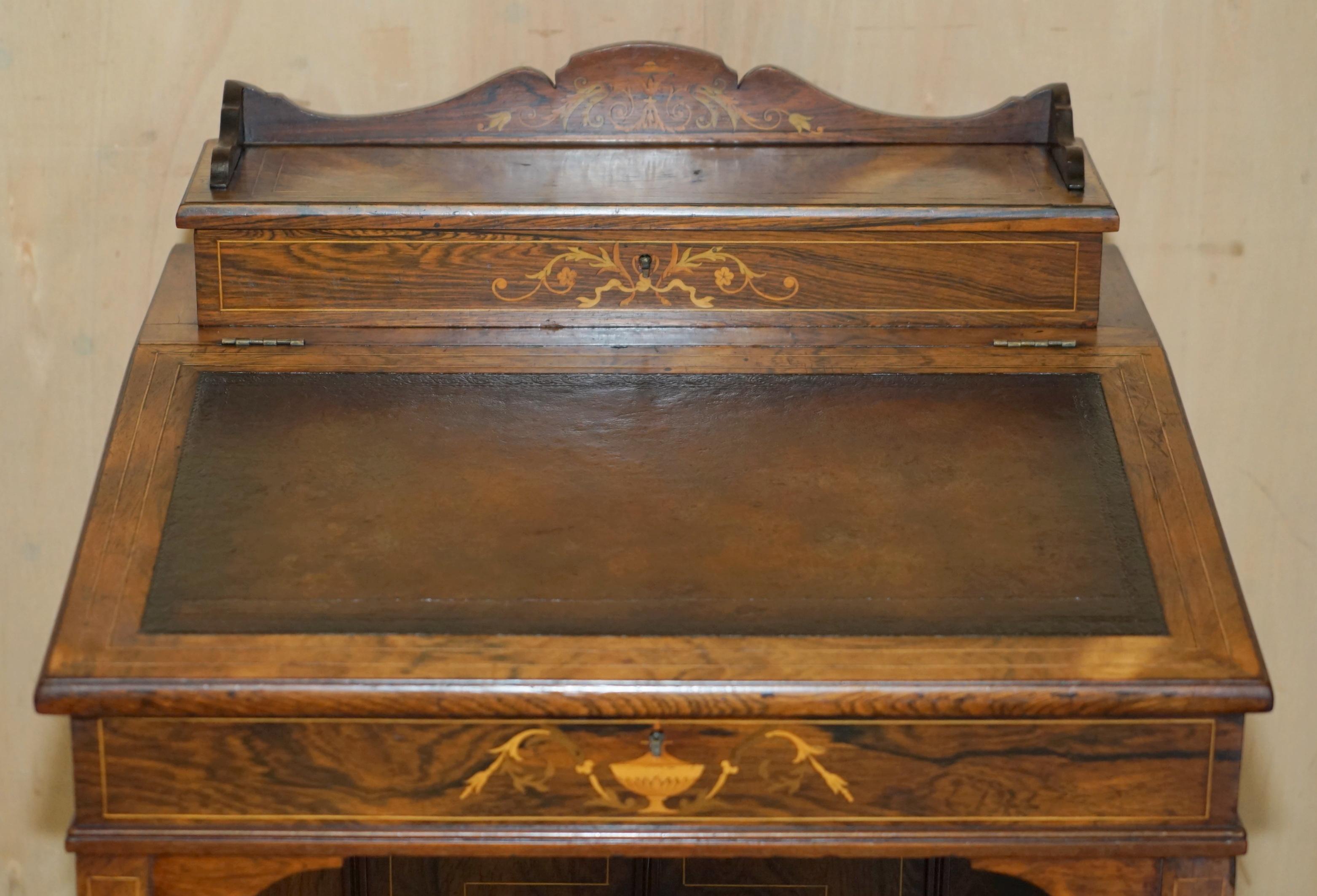 English RESTORED ViCTORIAN HARDWOOD MARQUETRY INLAID & BROWN LEATHER DAVENPORT DESK For Sale