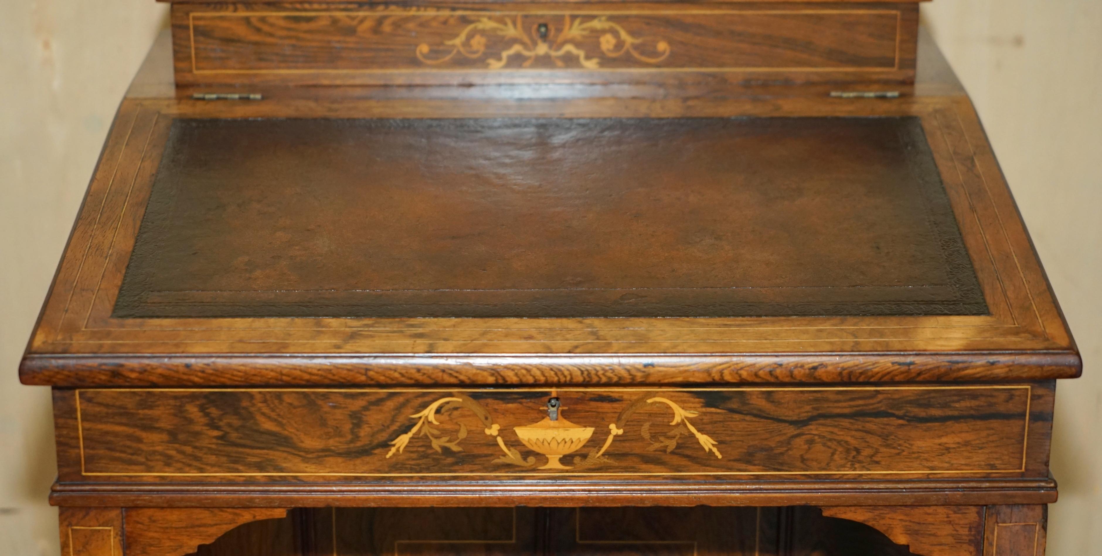 Leather RESTORED ViCTORIAN HARDWOOD MARQUETRY INLAID & BROWN LEATHER DAVENPORT DESK For Sale