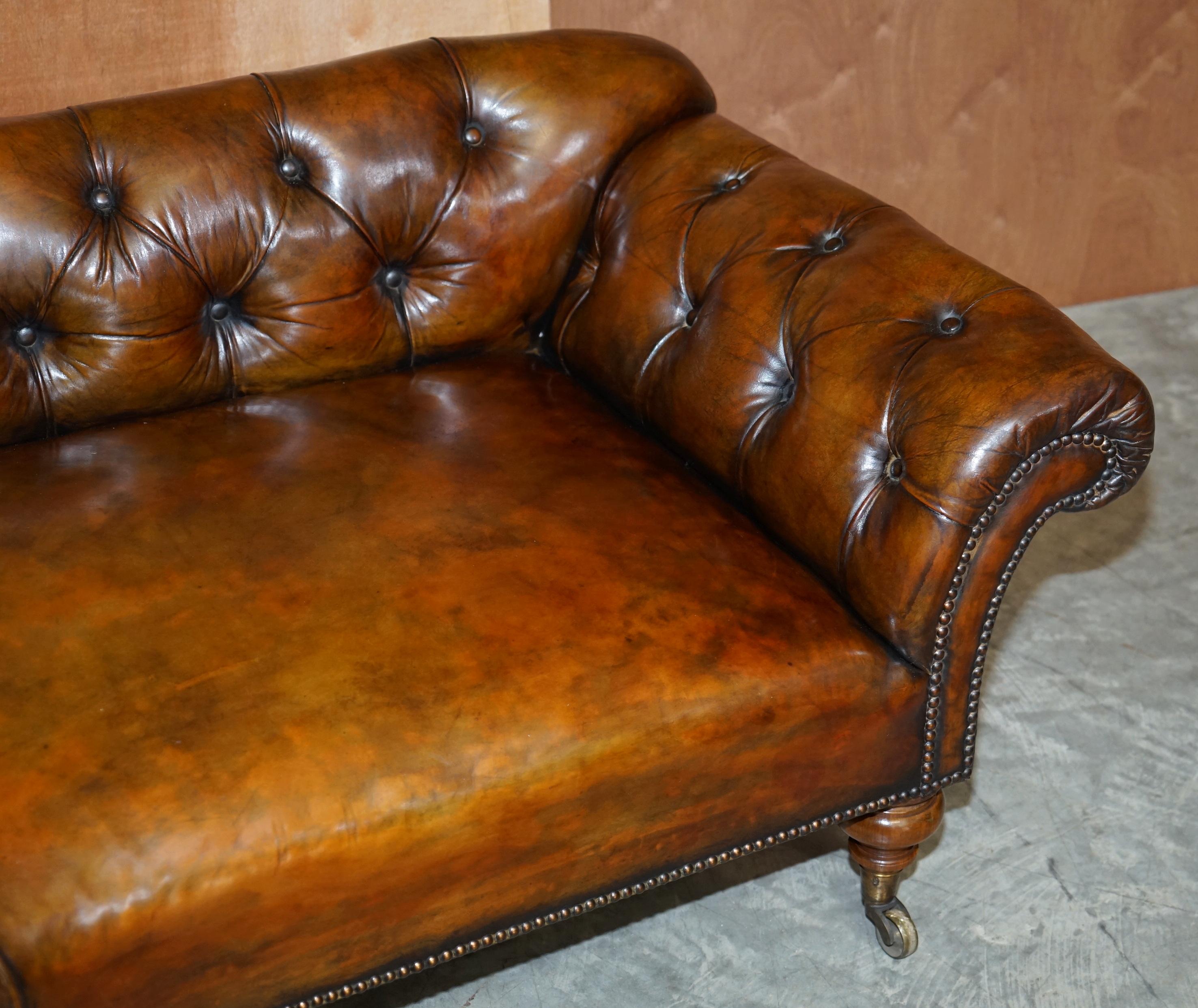 Restored Victorian Howard & Son's Chesterfield Brown Leather Corner Sofa Chaise 2