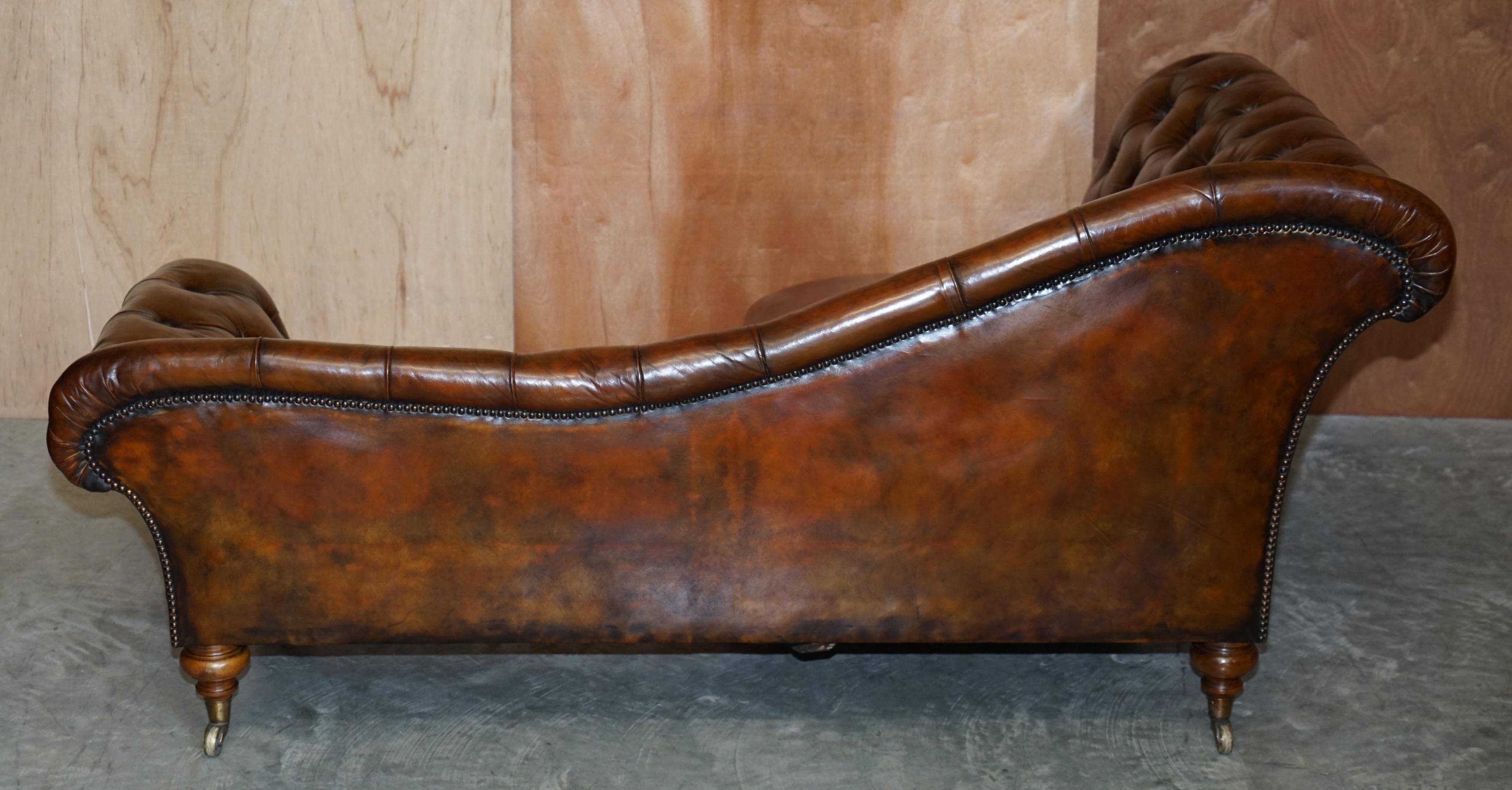 Restored Victorian Howard & Son's Chesterfield Brown Leather Corner Sofa Chaise 4
