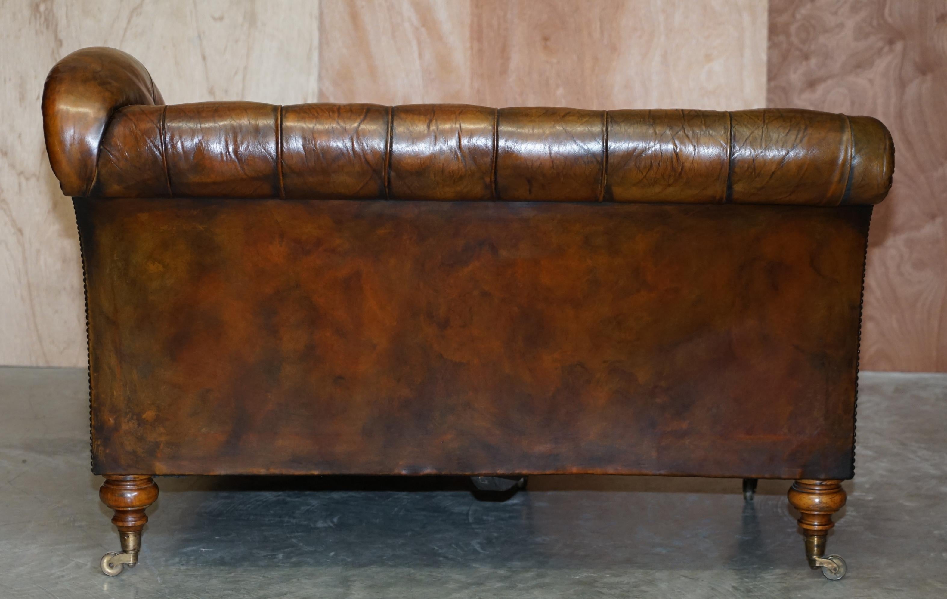 Restored Victorian Howard & Son's Chesterfield Brown Leather Corner Sofa Chaise 5