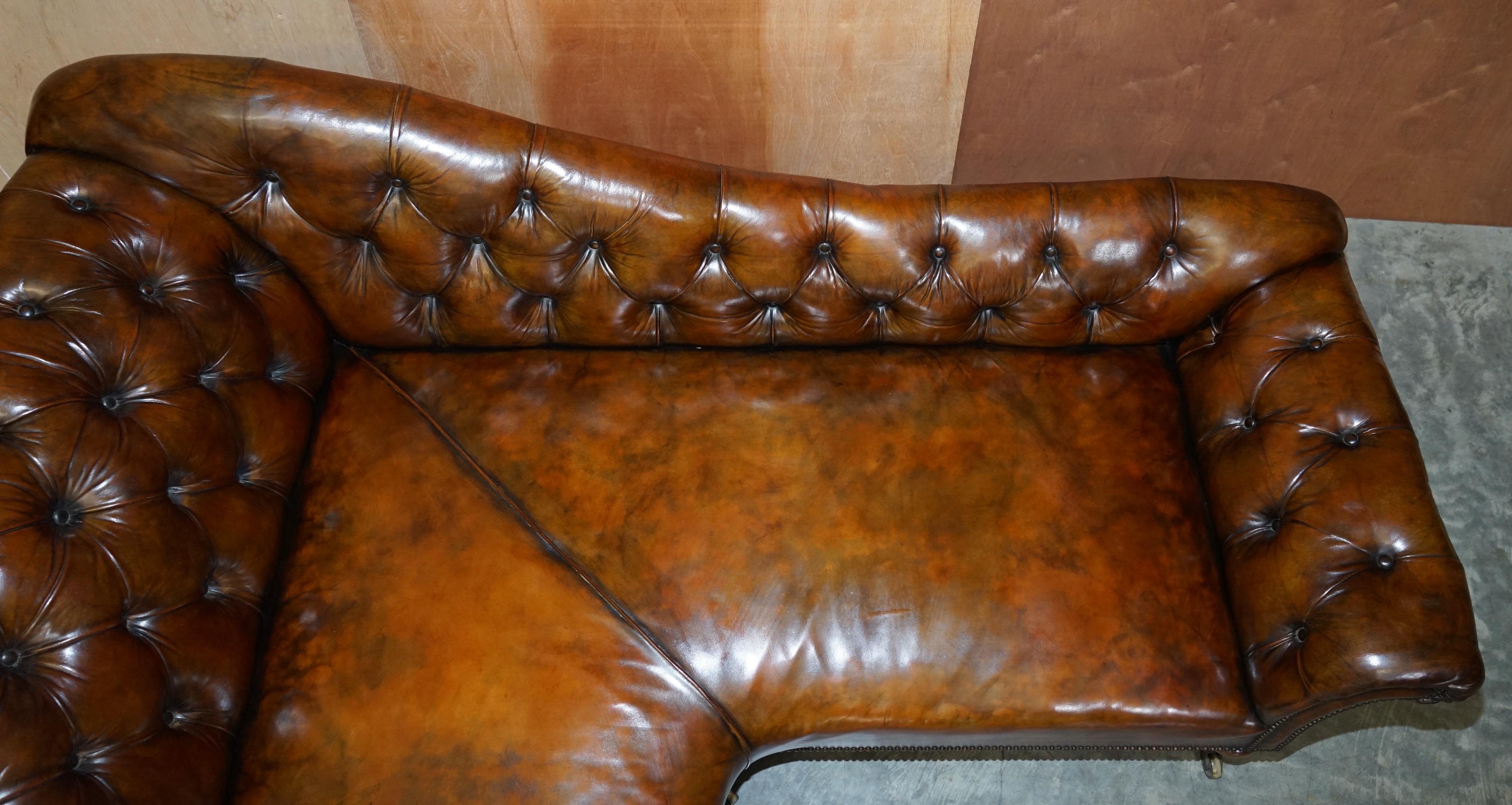 Restored Victorian Howard & Son's Chesterfield Brown Leather Corner Sofa Chaise 1