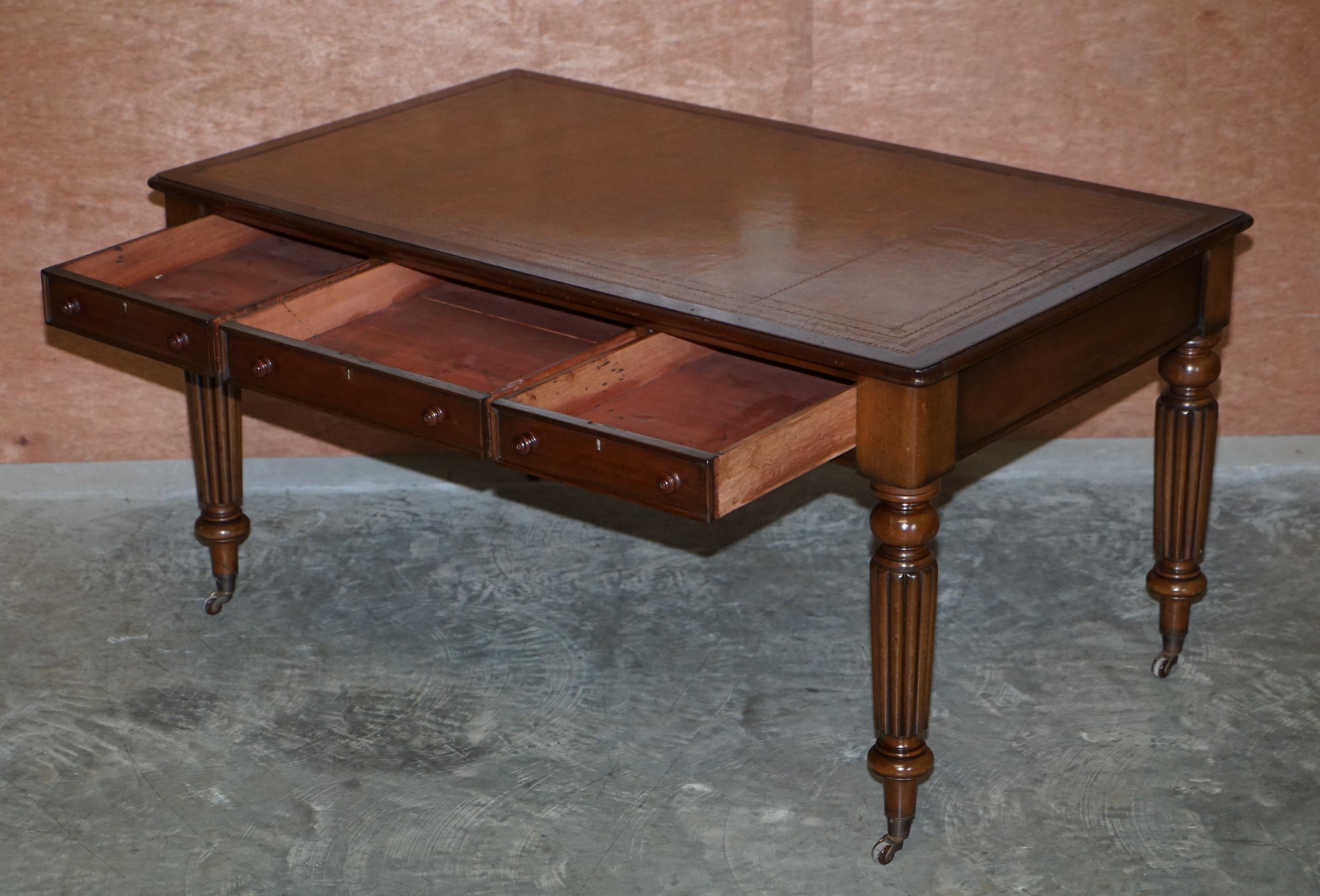 Restored Victorian Library Writing Table or Desk Brown Leather Top Gillows Legs 12