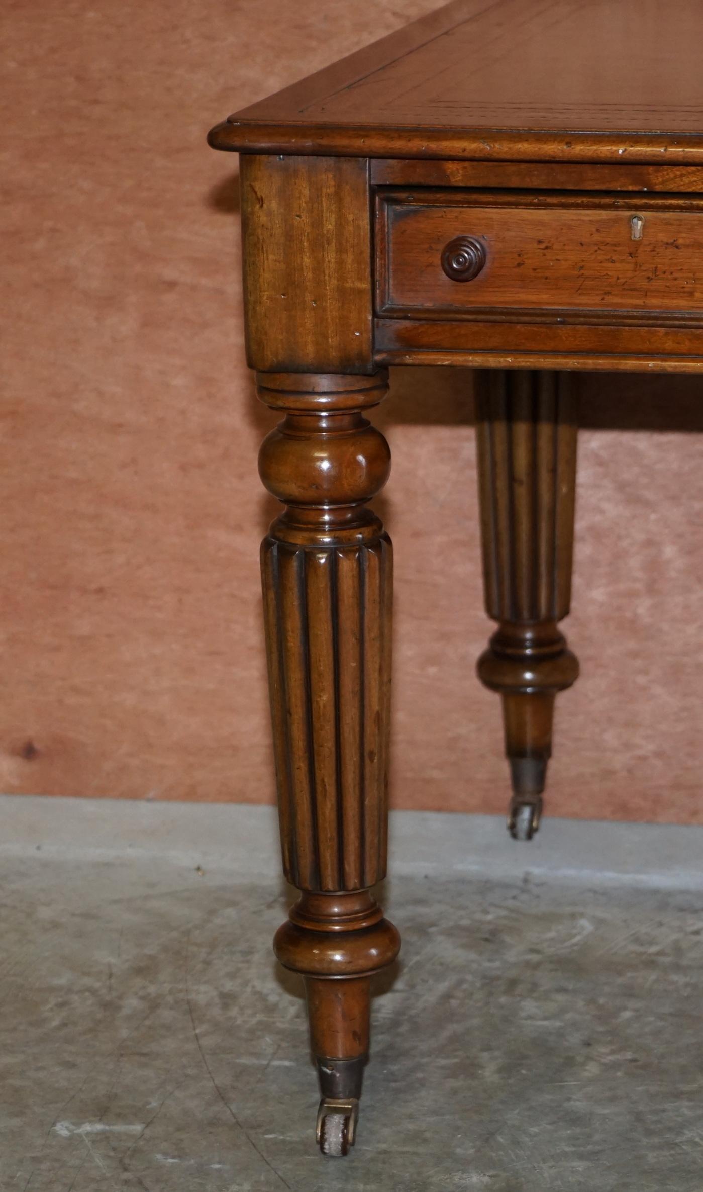 English Restored Victorian Library Writing Table or Desk Brown Leather Top Gillows Legs