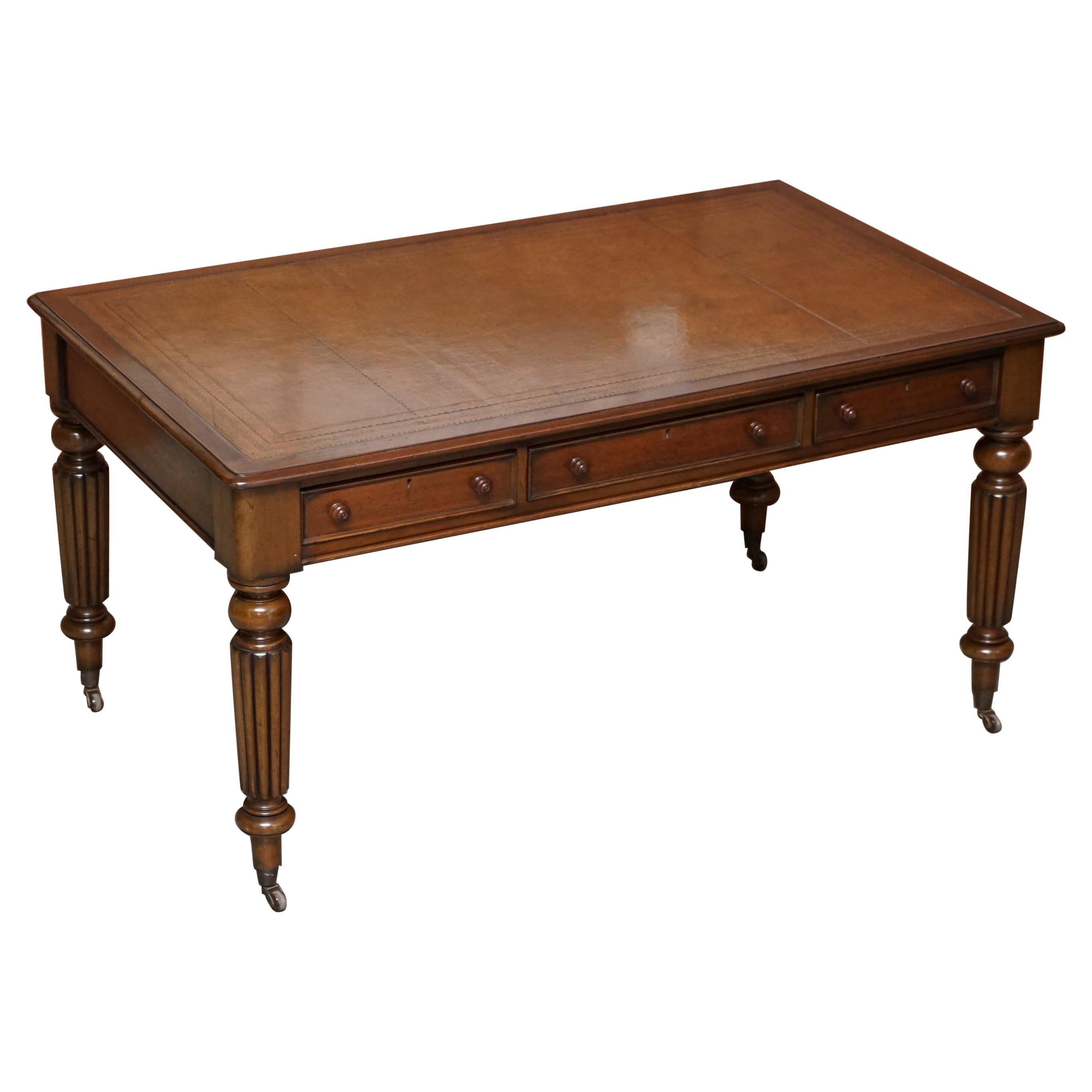 Restored Victorian Library Writing Table or Desk Brown Leather Top Gillows Legs
